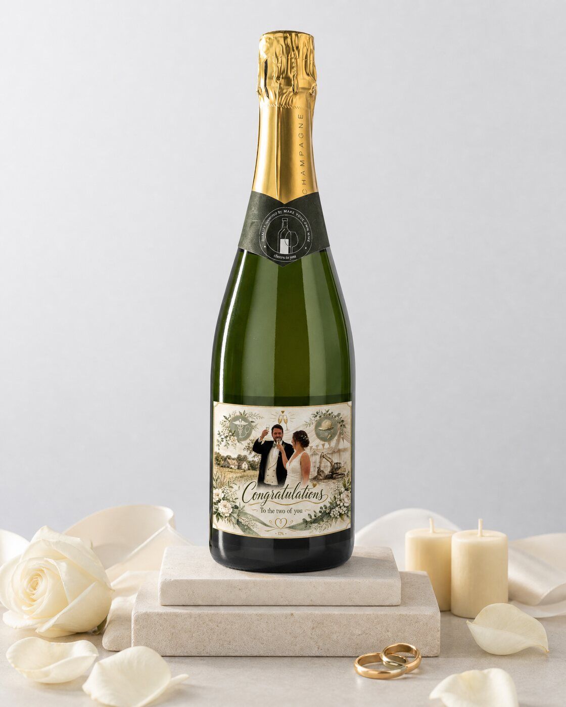 Personalised champagne with your own wedding photo on the label