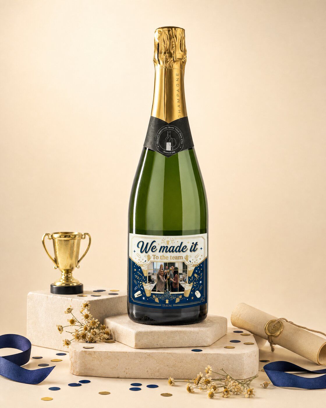 Personalised champagne with your own team photo on the label