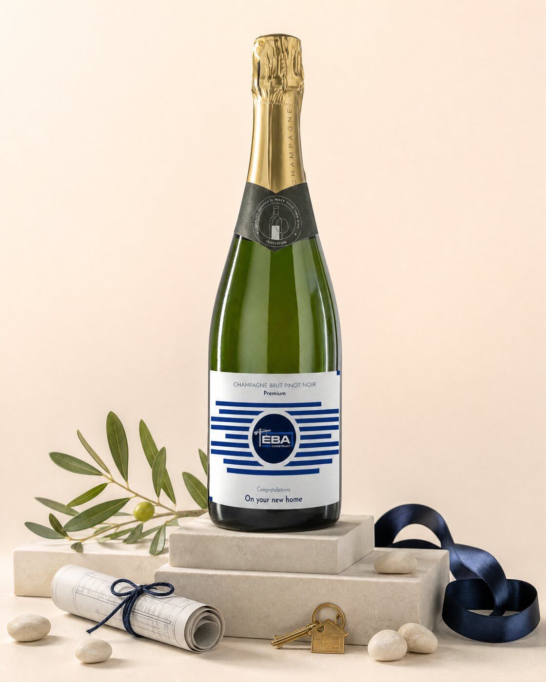 Personalised champagne bottle with a Welcome Home label as a housewarming gift