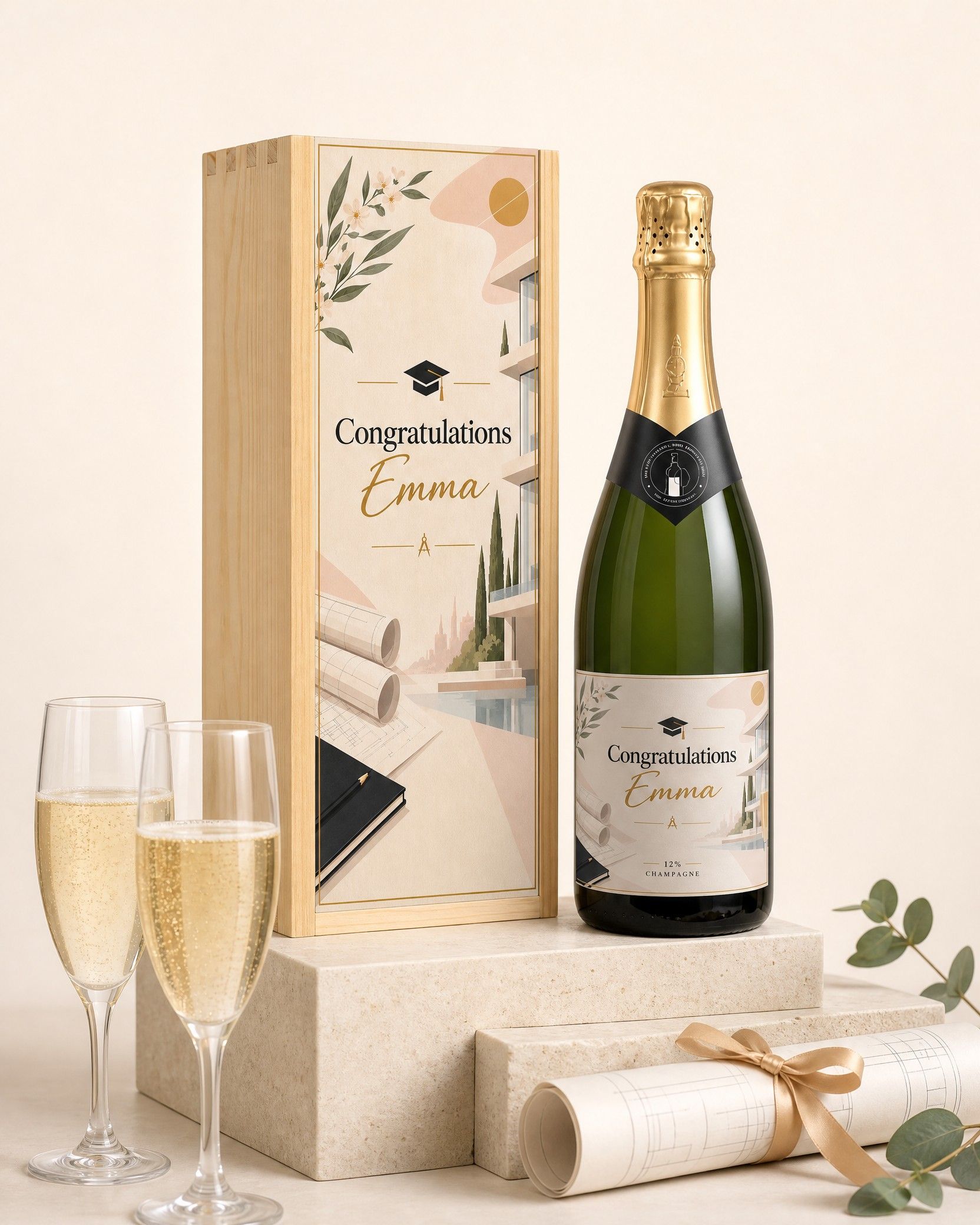 Gepersonaliseerde champagne in een houten kist met bedrukt deksel Congratulations Emma en twee gevulde flutes