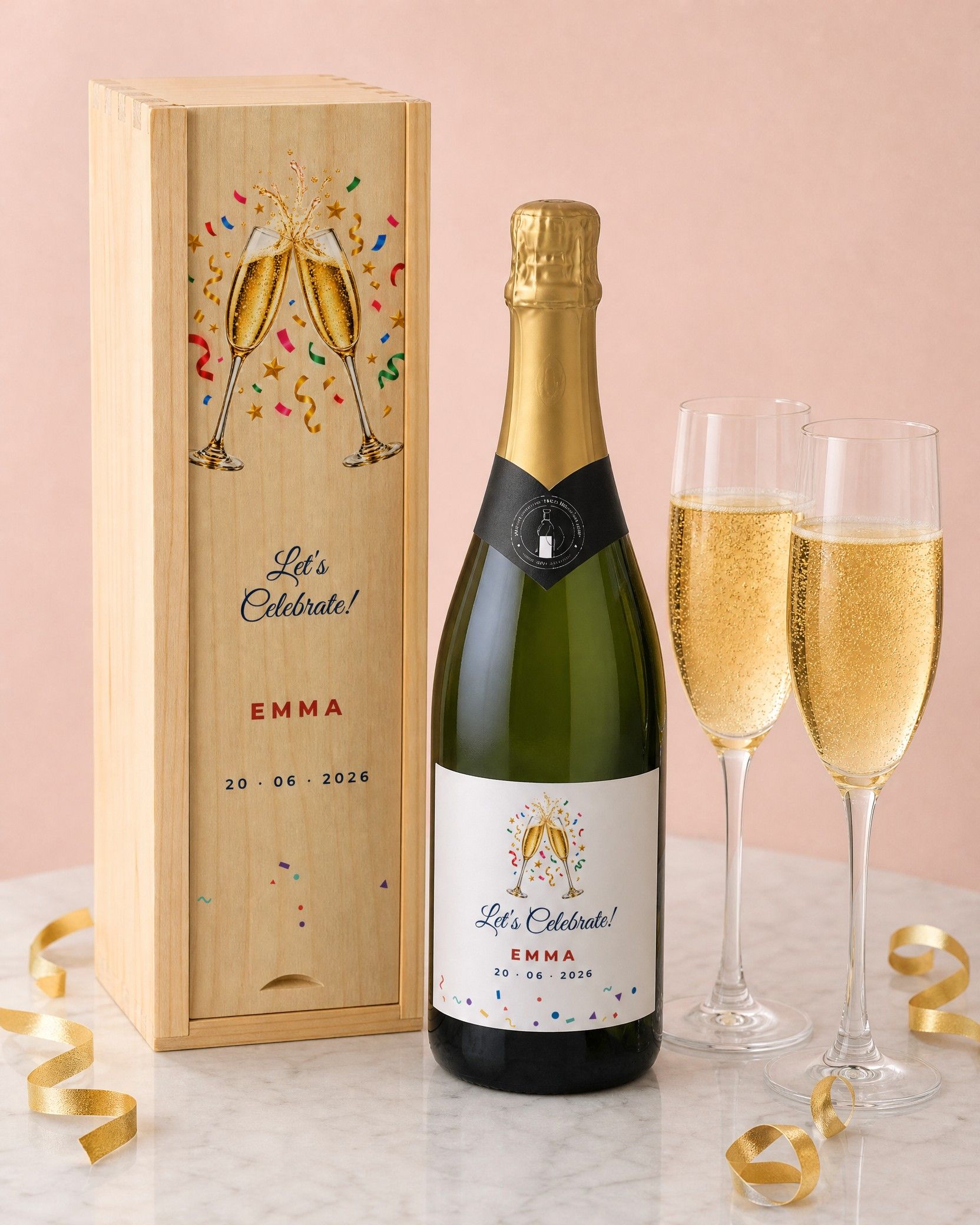 Gepersonaliseerde champagne in een houten kist met bedrukt deksel Let's Celebrate Emma, met twee gevulde champagneglazen