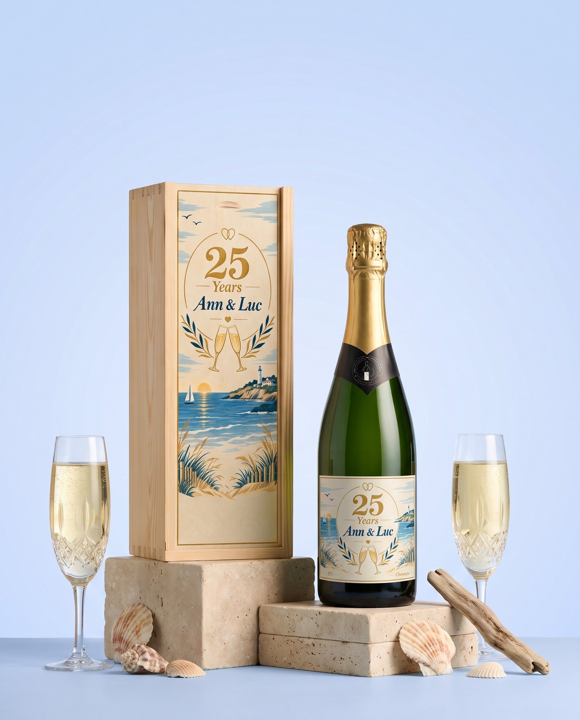 Houten kist met bedrukt deksel 25 Years Ann & Luc en een fles champagne met hetzelfde etiket