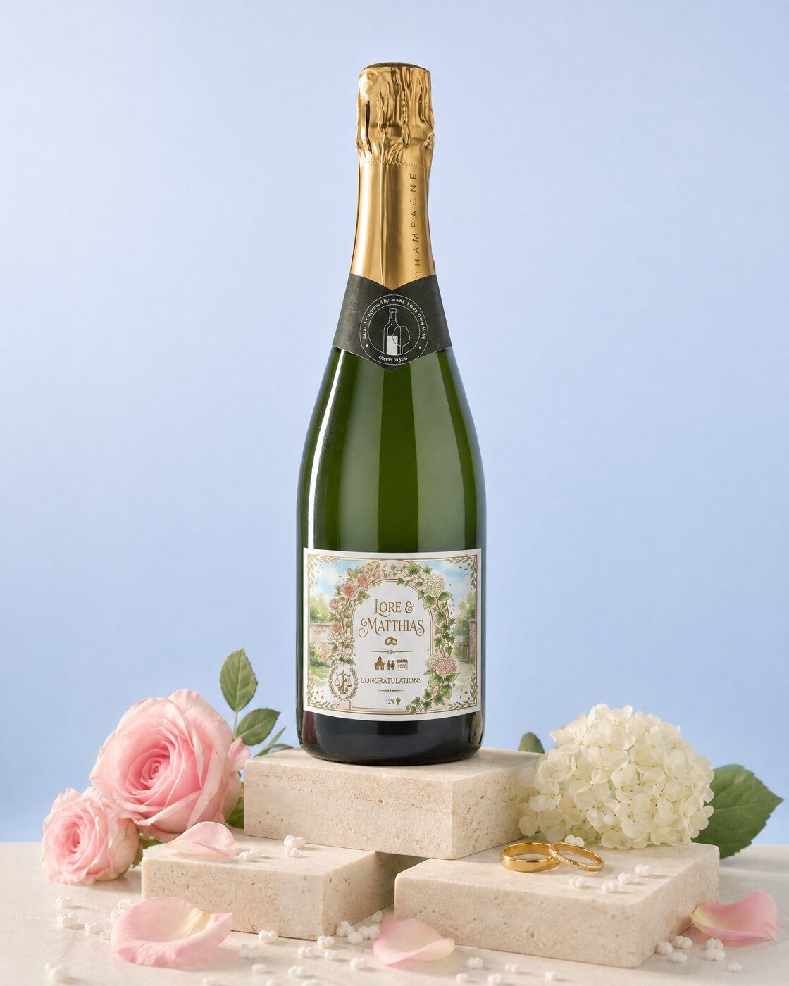 Personalised champagne bottle with a wedding label as a wedding gift