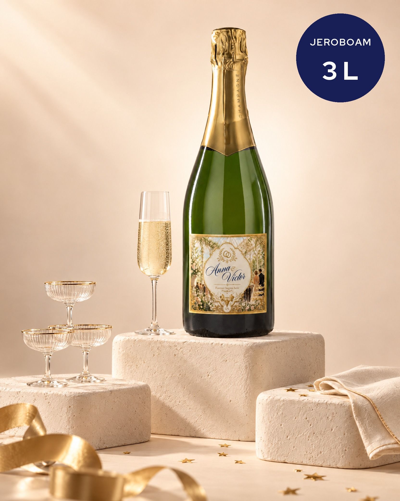 Gepersonaliseerde champagne jeroboam van 3 liter als feestcadeau