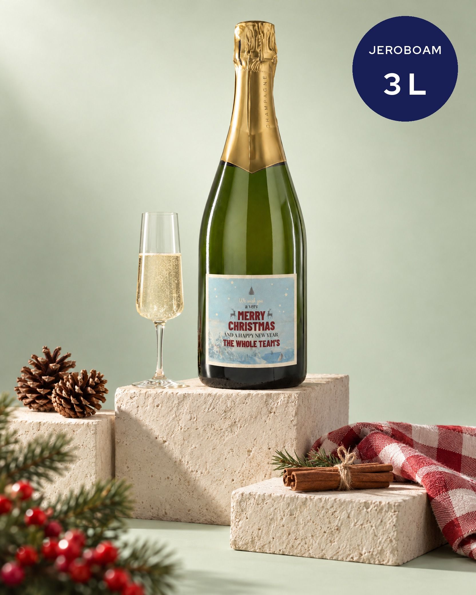 Gepersonaliseerde champagne jeroboam van 3 liter als kerstcadeau voor het team