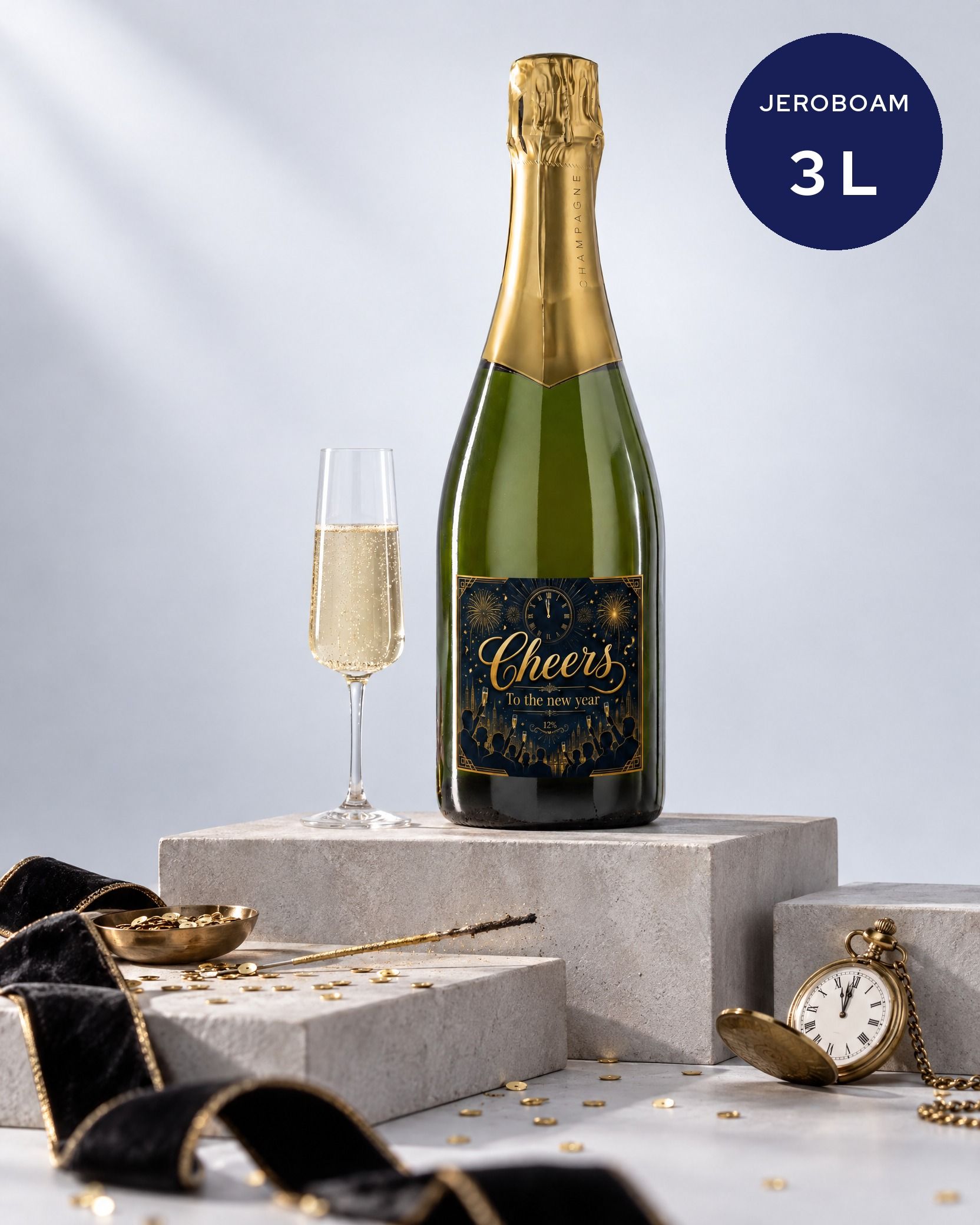 Gepersonaliseerde champagne jeroboam van 3 liter als nieuwjaarscadeau