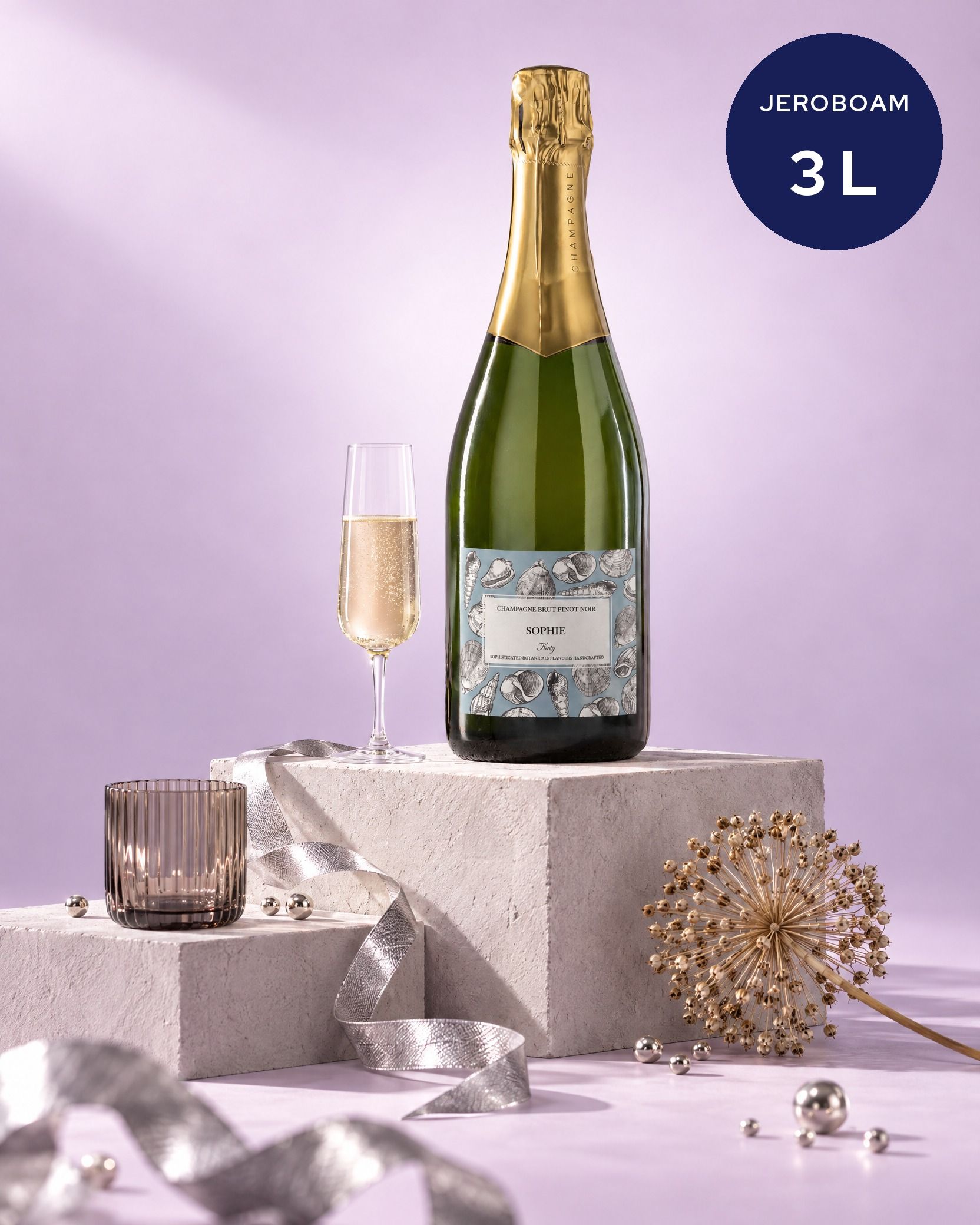 Gepersonaliseerde champagne jeroboam van 3 liter met zilveren etiket
