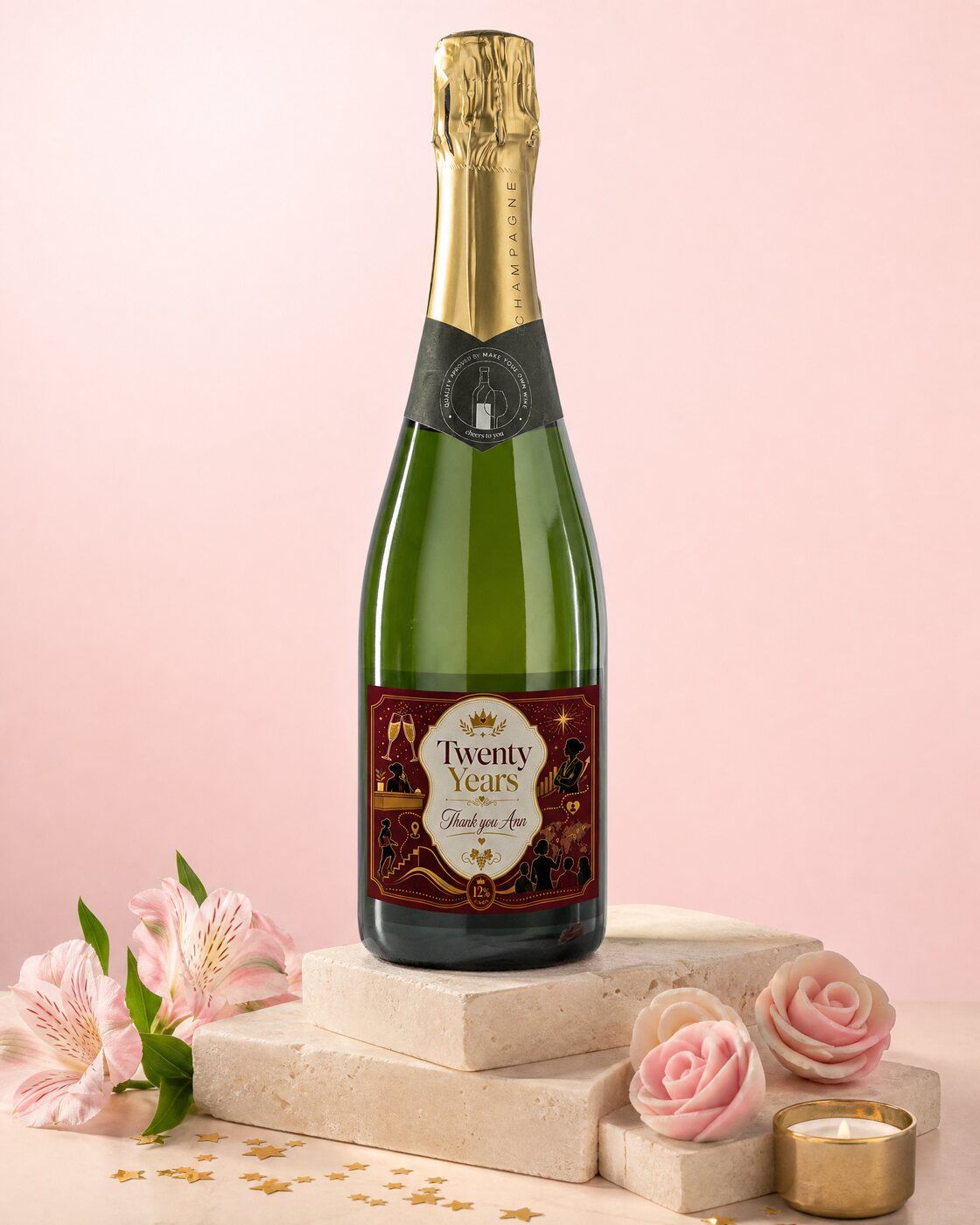 Personalised champagne with a twenty years work anniversary label