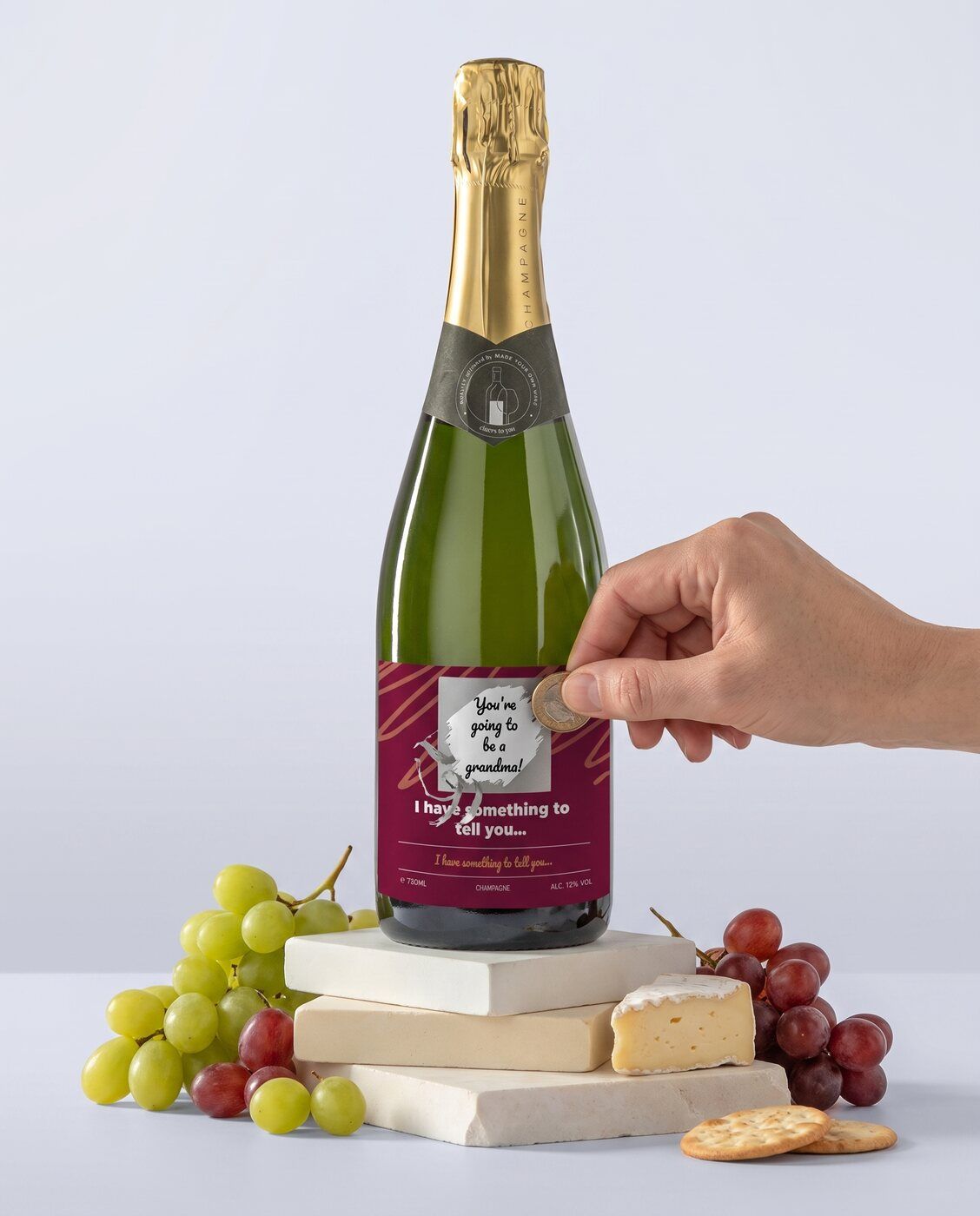 Personalised champagne bottle with a scratch-off label hiding a secret message