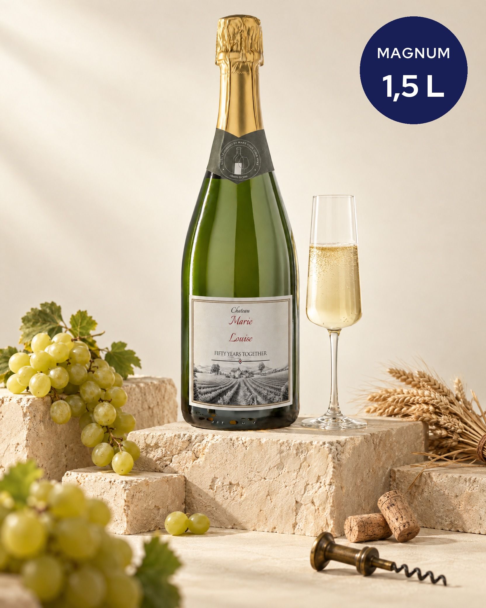 Gepersonaliseerde champagne magnum van 1,5 liter met klassiek wijngaardetiket