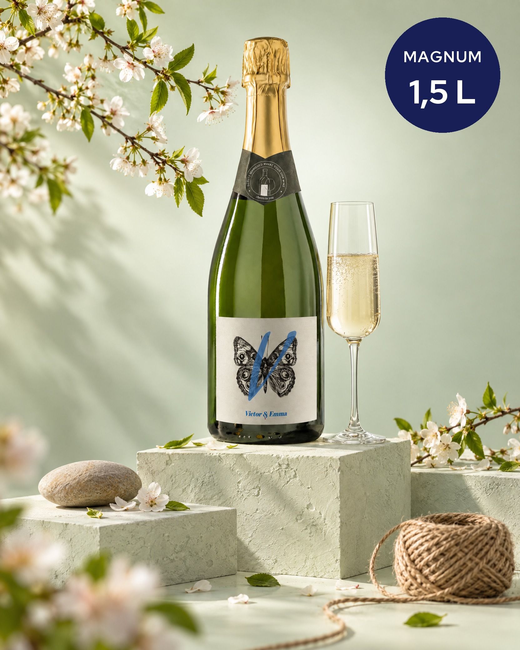 Gepersonaliseerde champagne magnum van 1,5 liter met vlinderetiket