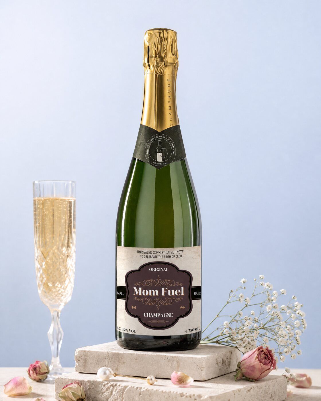 Personalised champagne with a Mom Fuel label