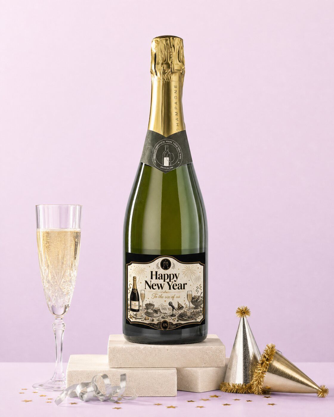 Personalised sparkling wine with a Happy New Year label