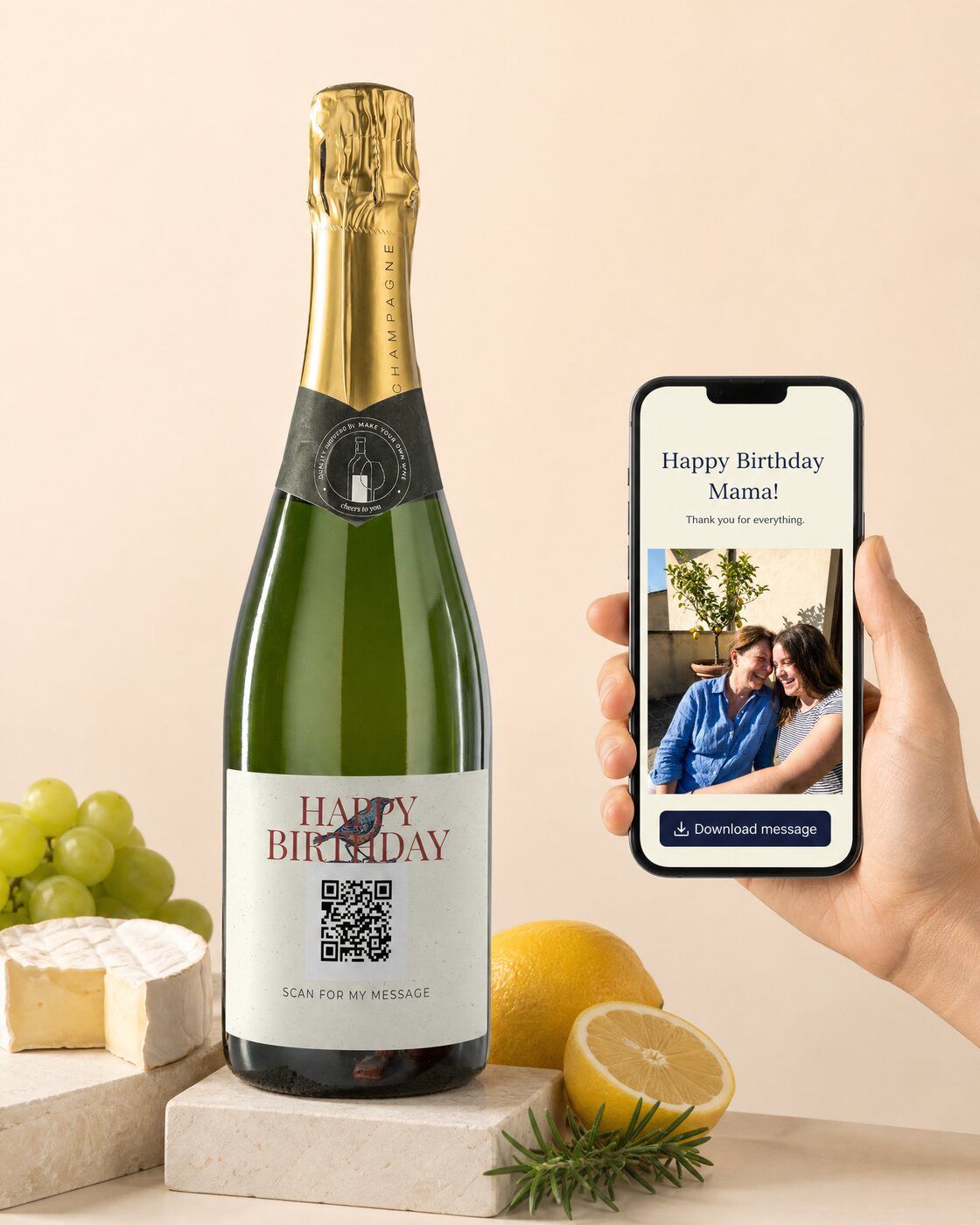 Personalised champagne bottle with a QR code label linking to a video message