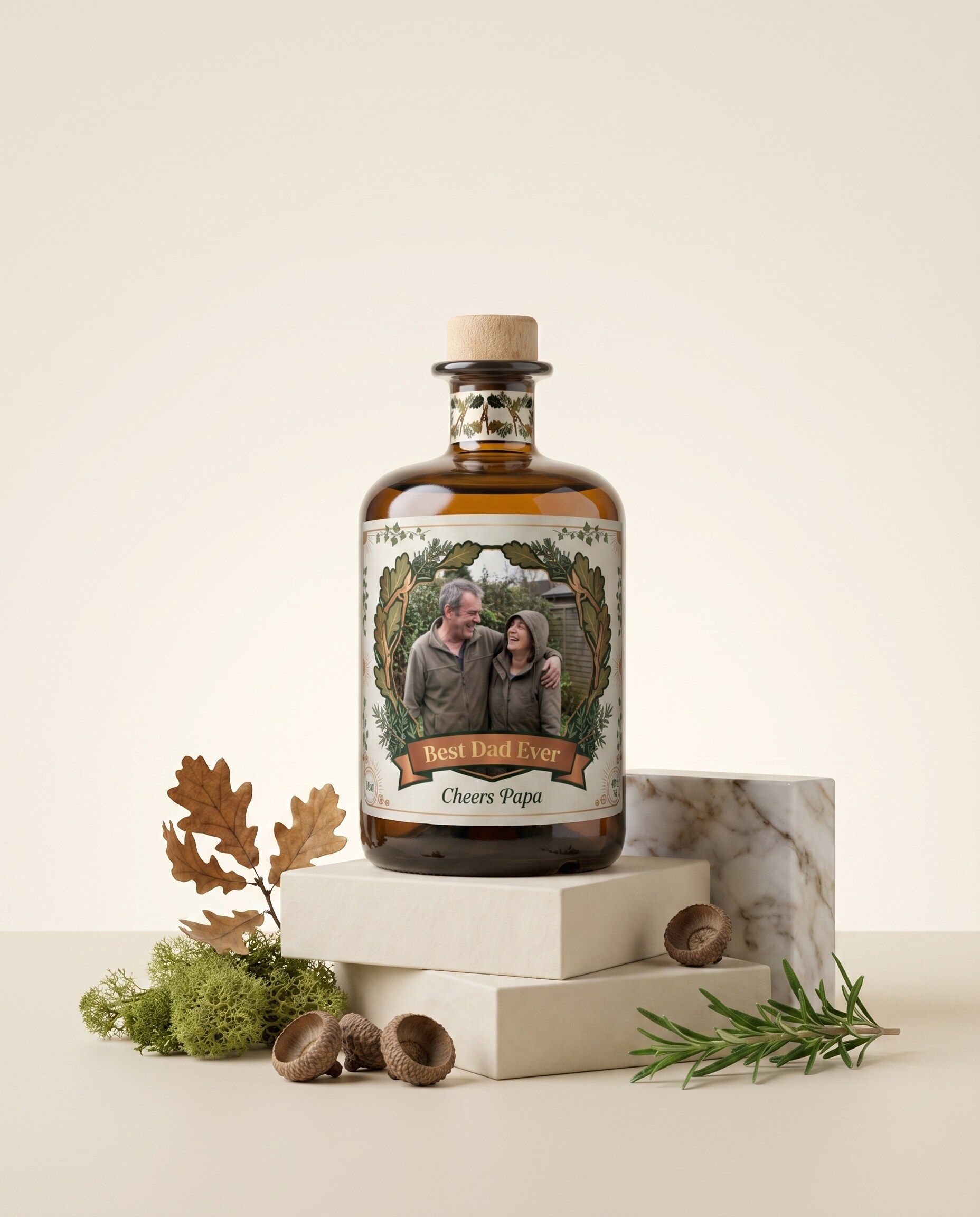 Gepersonaliseerde gin met een eigen foto van papa op het etiket
