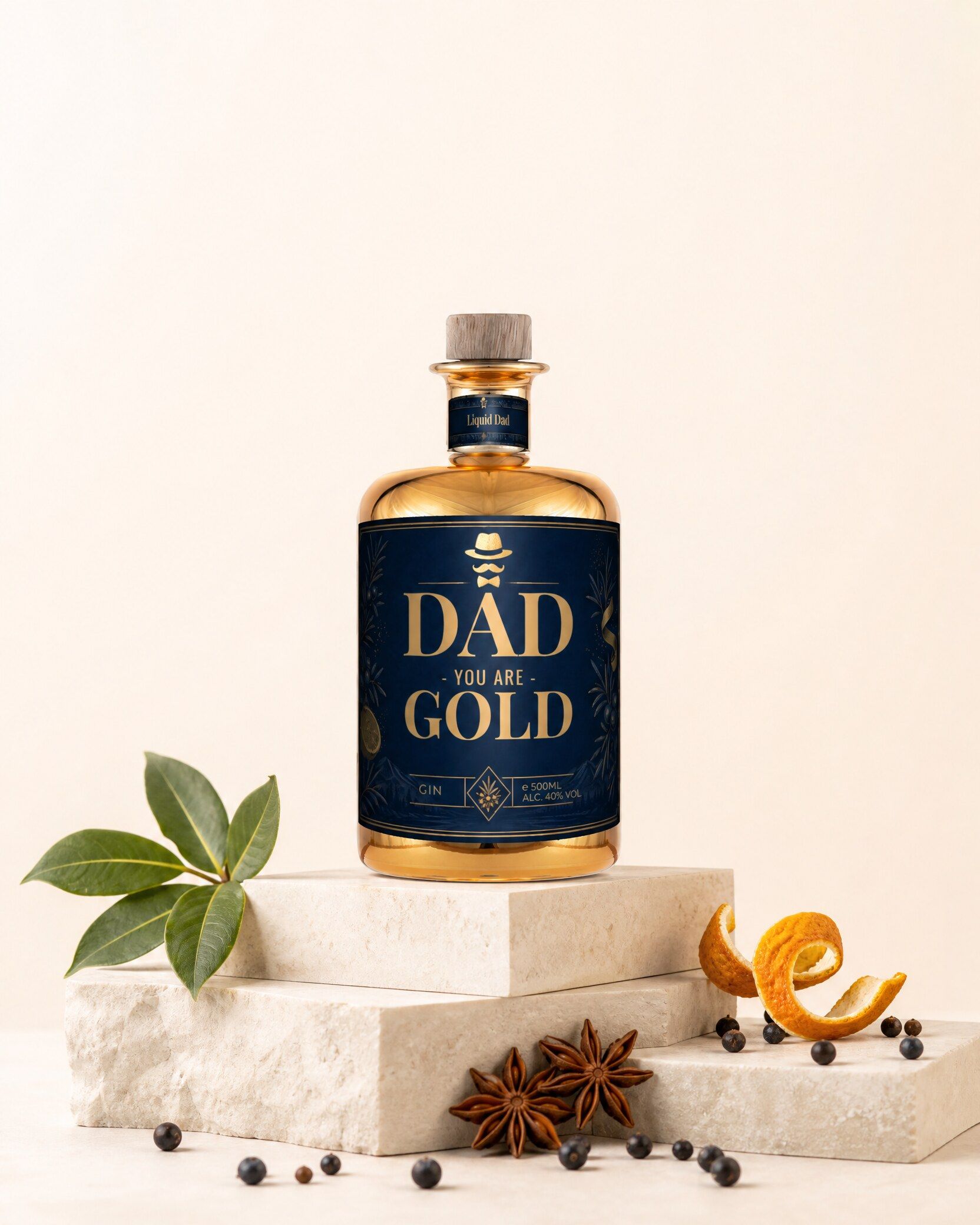 Gepersonaliseerde gin op een gouden fles als cadeau voor papa