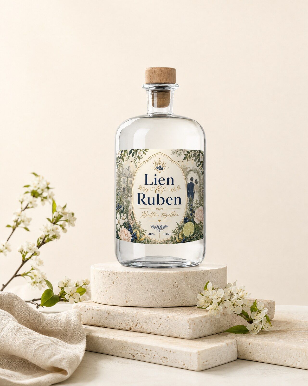 Gepersonaliseerde gin magnum als huwelijkscadeau met de namen van het bruidspaar