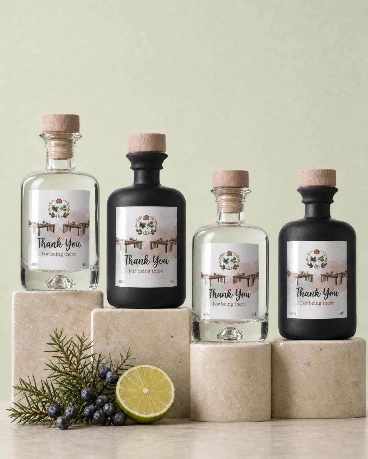 Gepersonaliseerde gin mini flesjes in helder en mat zwart glas met een Thank You etiket