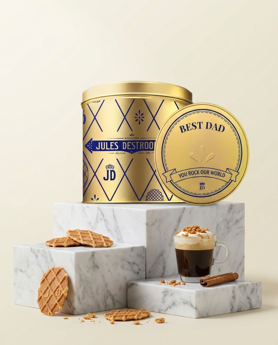 Gepersonaliseerde gouden Jules Destrooper koekjestrommel met Best Dad opdruk, omringd door wafels en koffie op marmeren