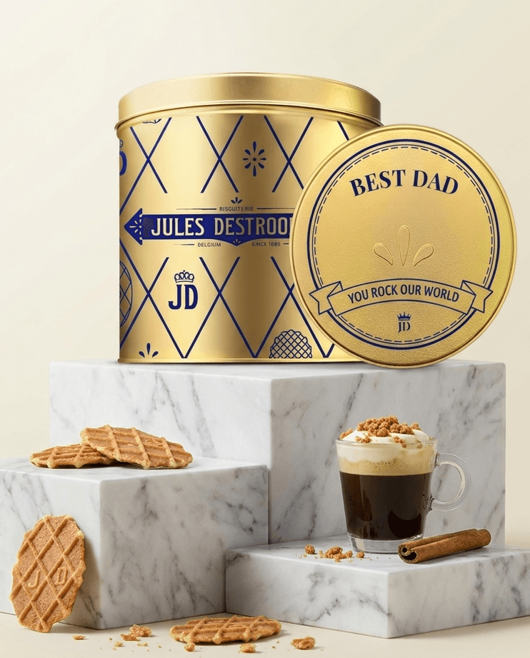 Gepersonaliseerde Jules Destrooper koekjestrommel met Best Dad opdruk, gevuld met belgische koekjes en koffie voor Vaderdag