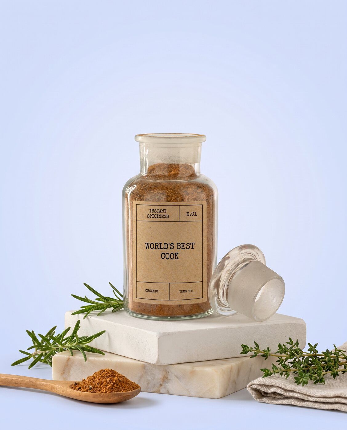 Personalised barbecue rub jar with a World's Best Cook kraft label