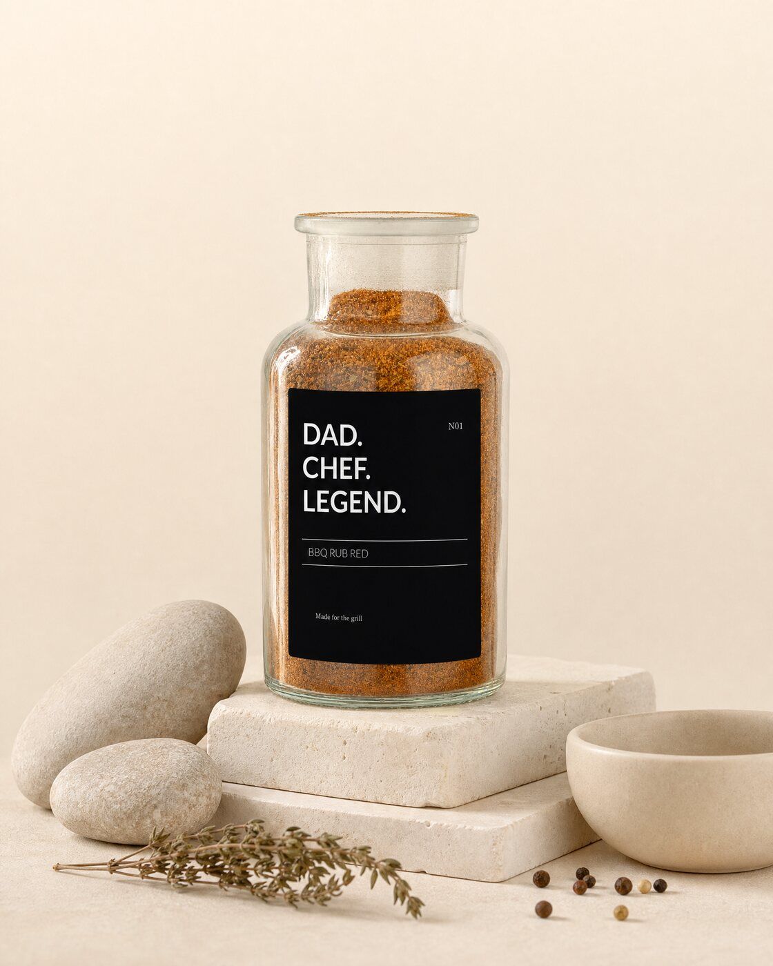 Personalised barbecue rub jar with a minimal Dad Chef Legend label