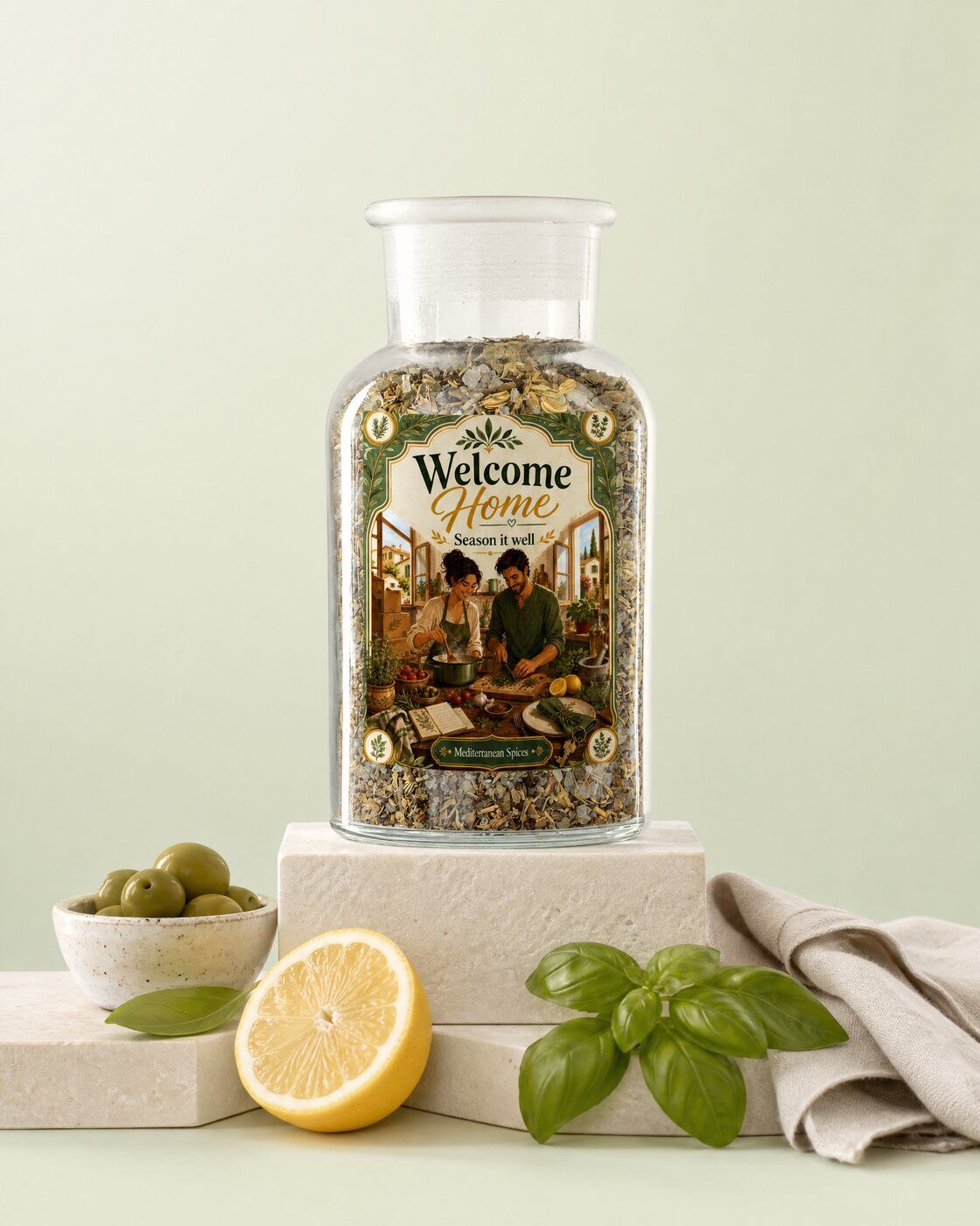 Personalised spice jar with a Welcome Home label as a housewarming gift