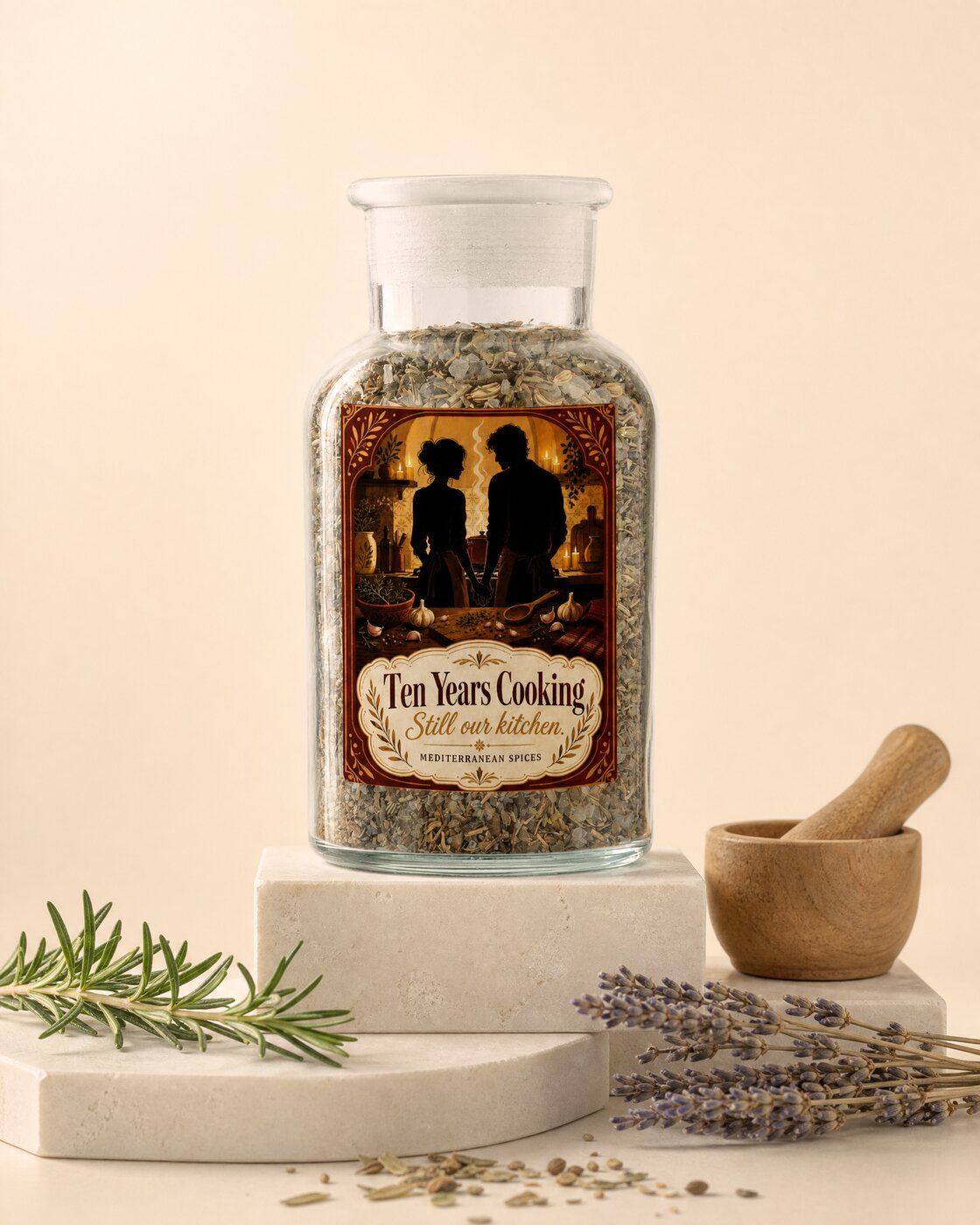 Personalised spice jar with a ten years cooking anniversary label