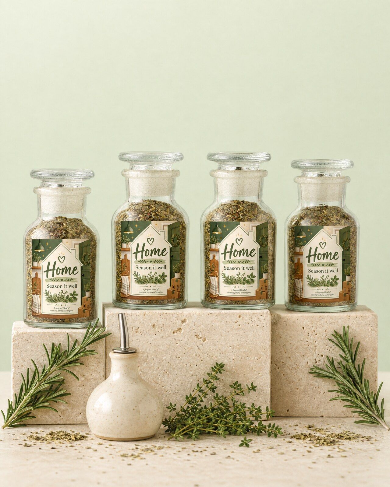 Vier gepersonaliseerde mini potjes mediterrane kruiden als housewarmingcadeau