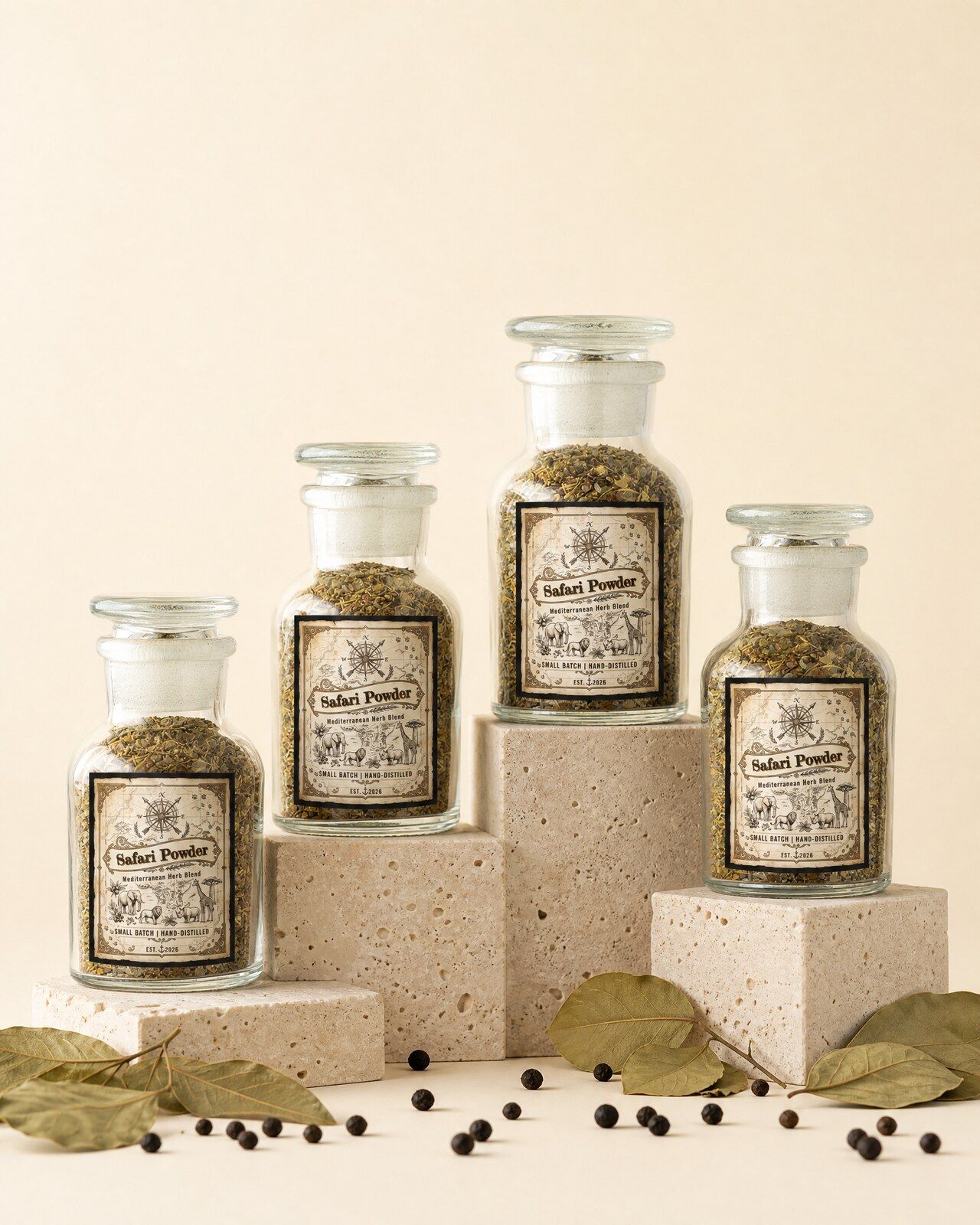 Vier gepersonaliseerde mini potjes mediterrane kruiden met een vintage etiket