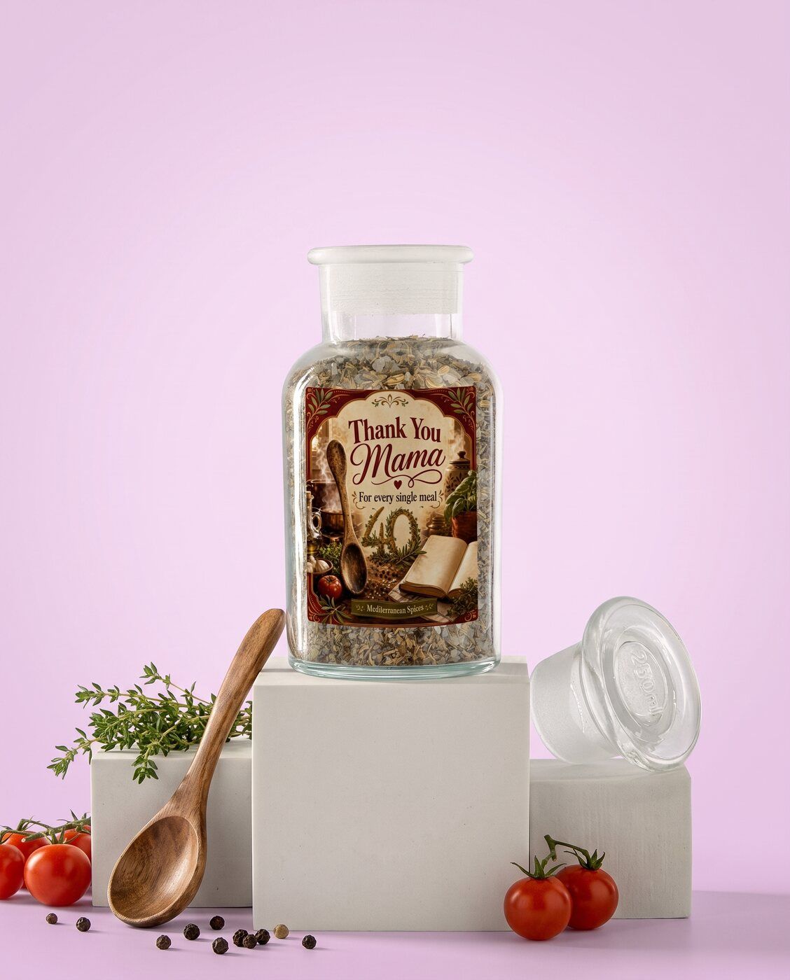 Personalised spice jar with a Thank You Mama label as a Mother's Day gift
