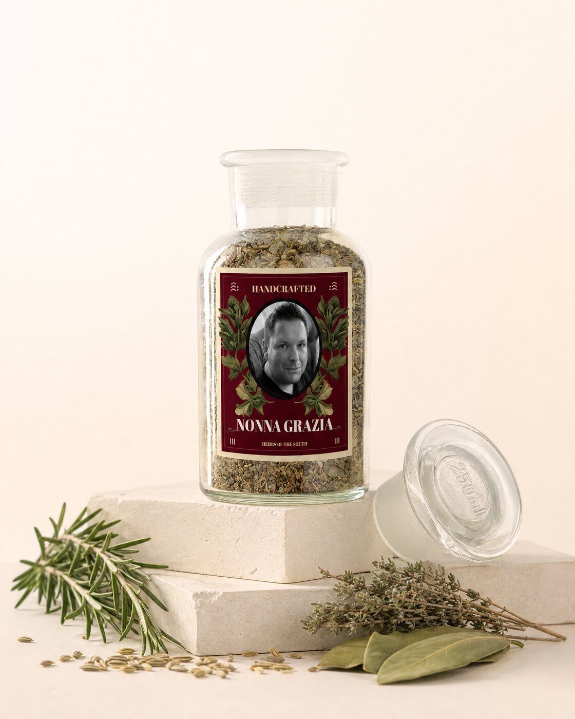 Personalised spice jar with a classic handcrafted photo label for grandma