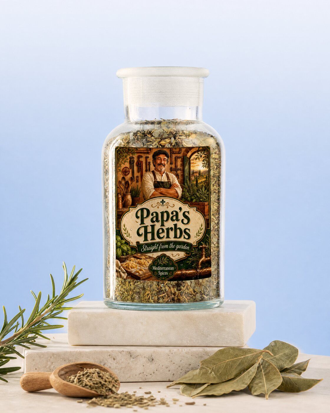 Personalised spice jar with a Papa's Herbs label as a Father's Day gift