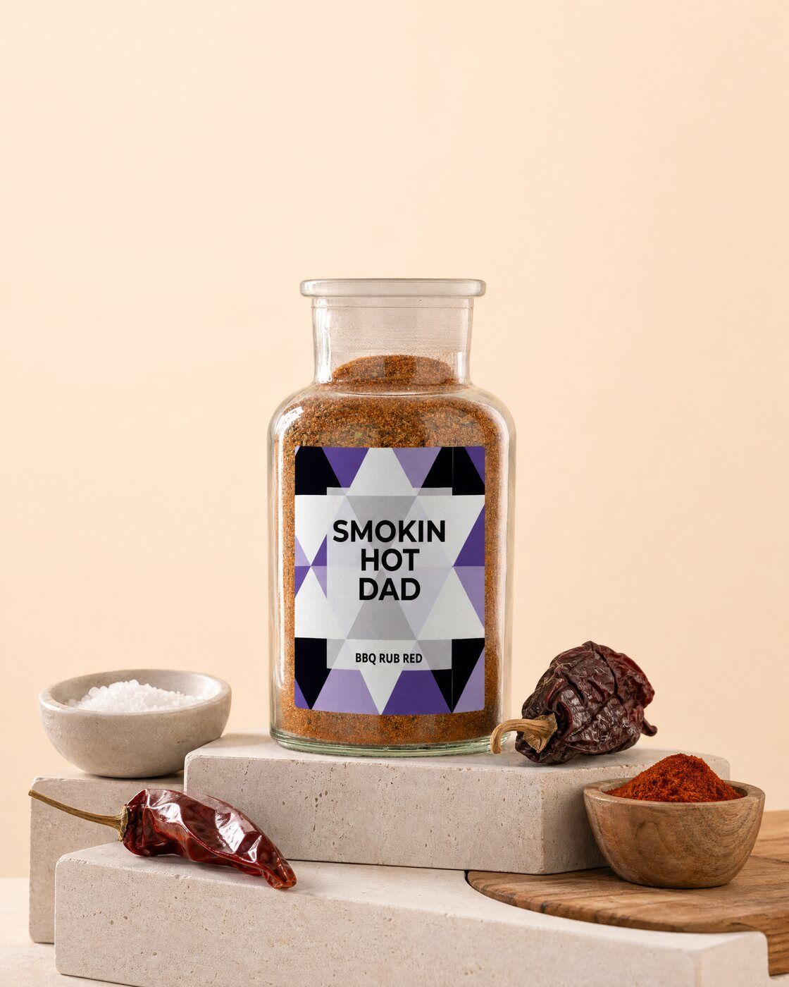 Personalised barbecue rub jar with a Smokin Hot Dad label