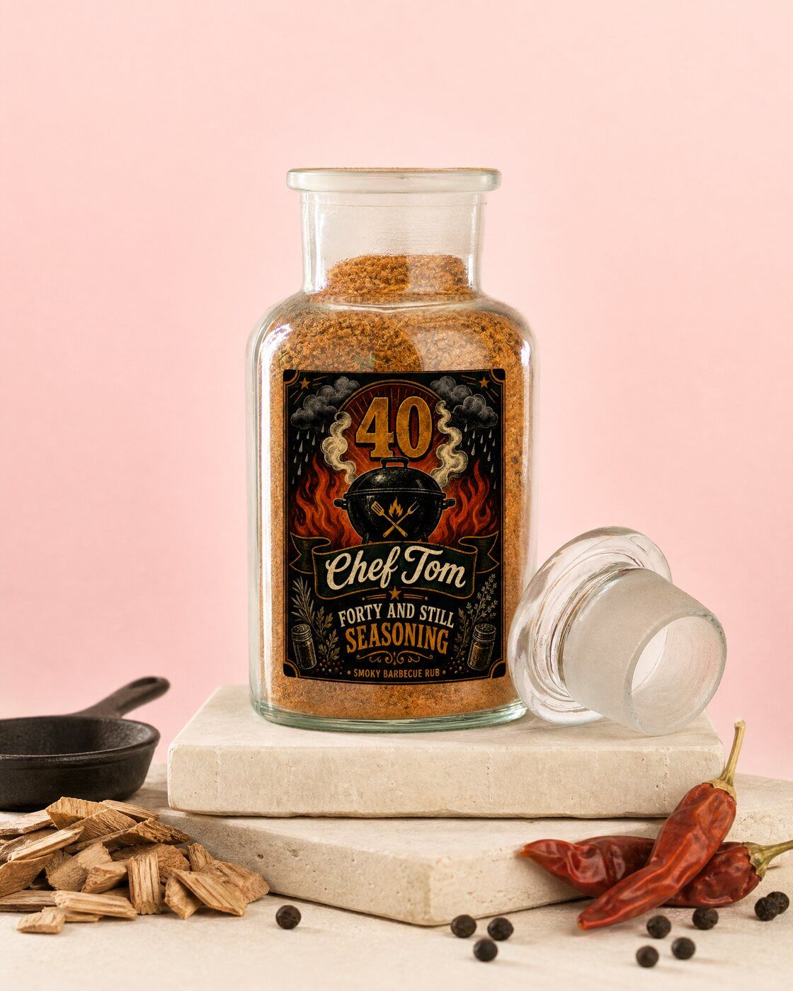 Personalised barbecue rub jar with a fortieth birthday label