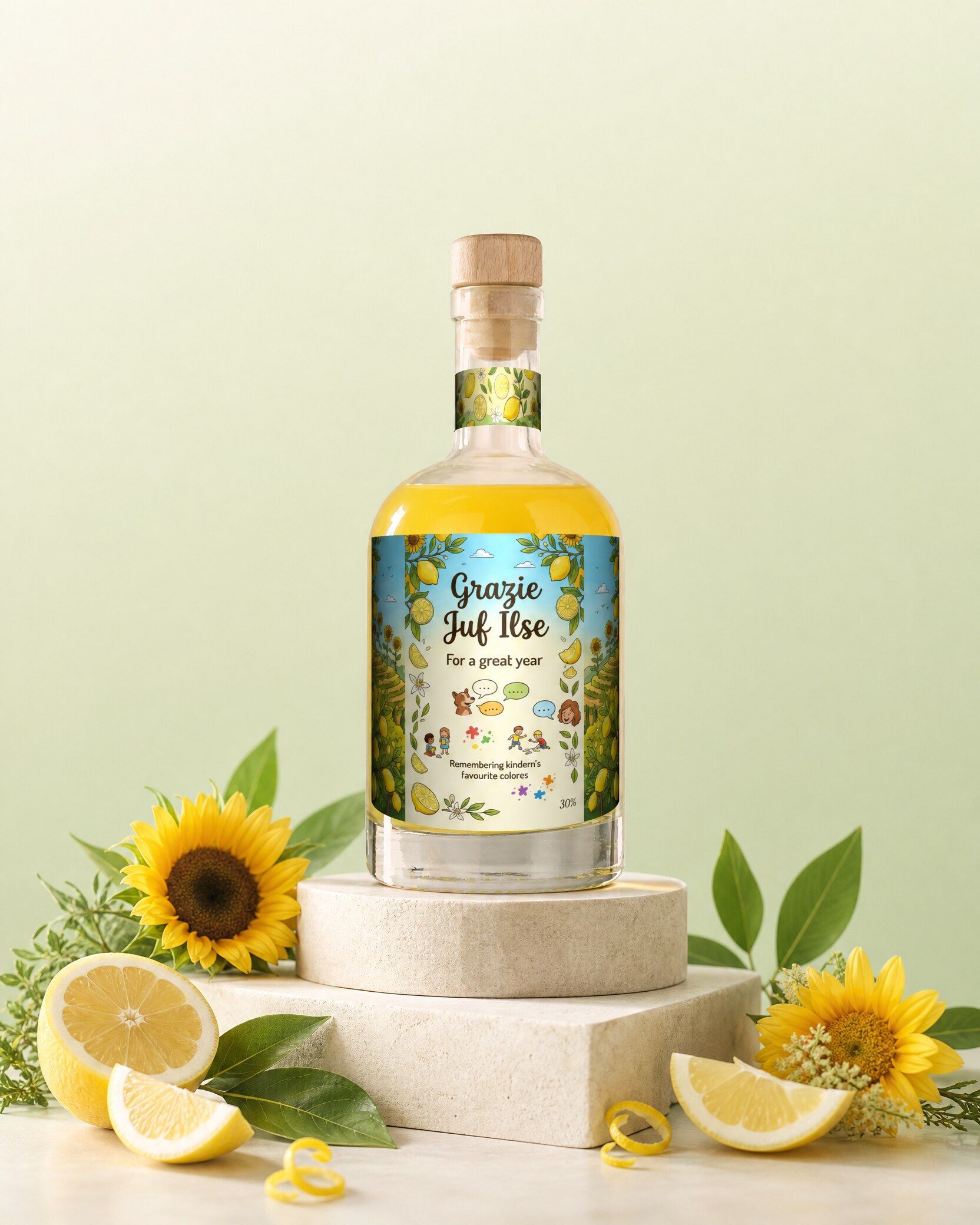 Gepersonaliseerde limoncello als bedankje voor de juf