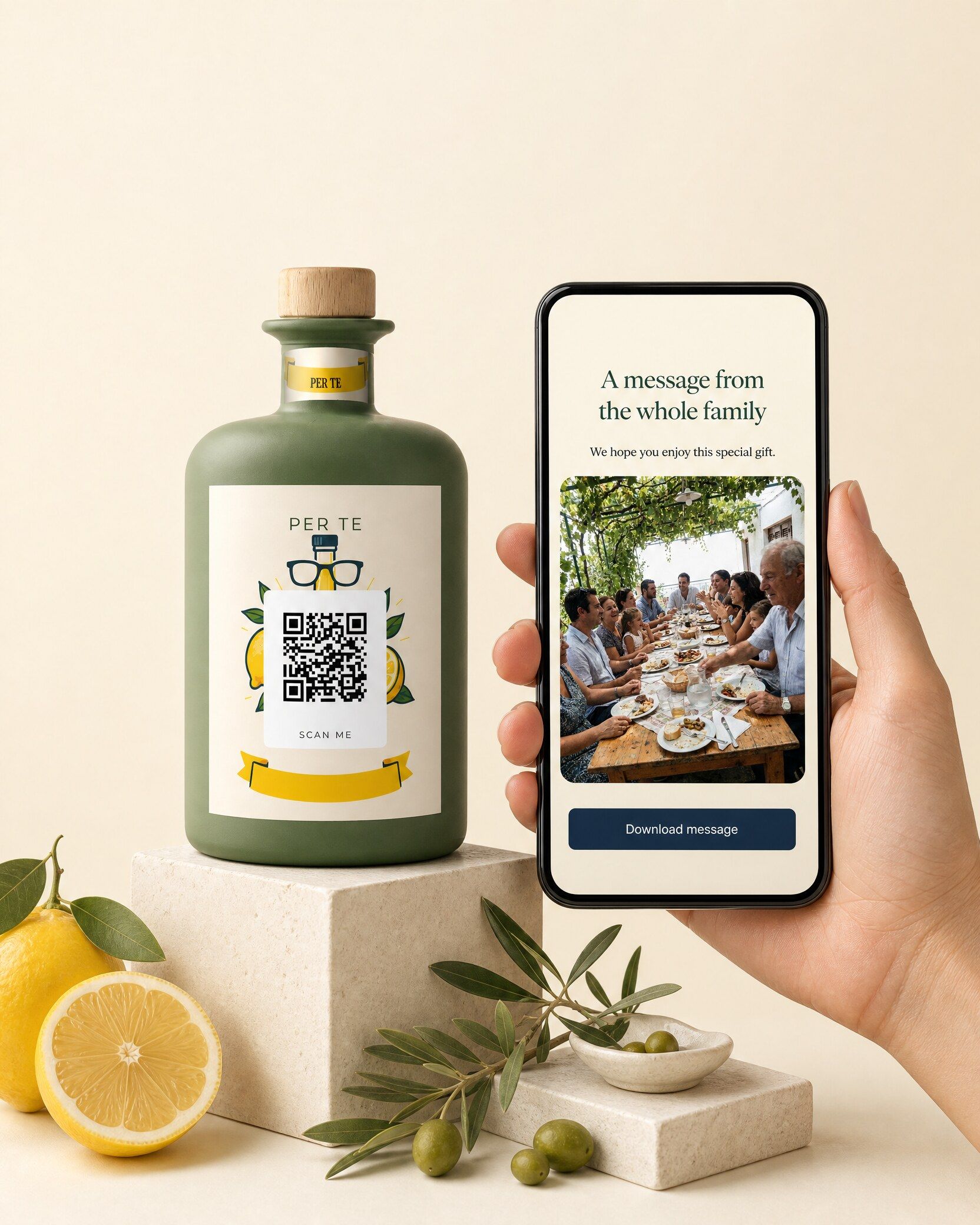 Gepersonaliseerde limoncello met QR-code voor een videoboodschap