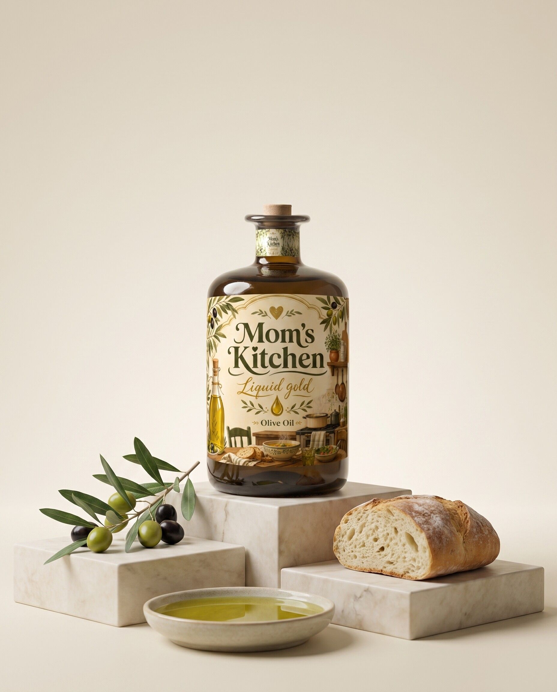 Gepersonaliseerde olijfolie als cadeau voor mama, met brood en olijven ernaast