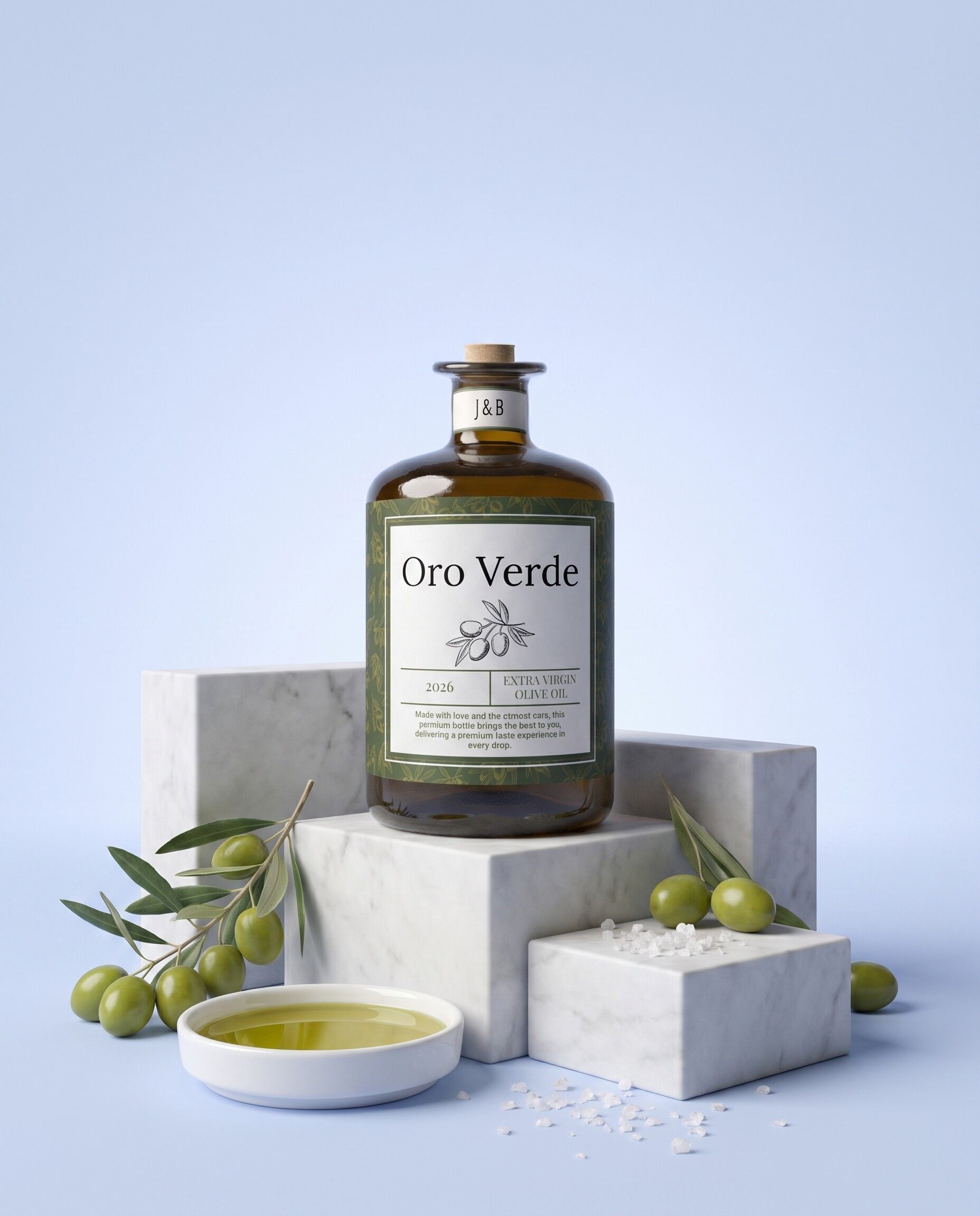 Gepersonaliseerde olijfolie met Oro Verde-etiket en een schaaltje olijfolie