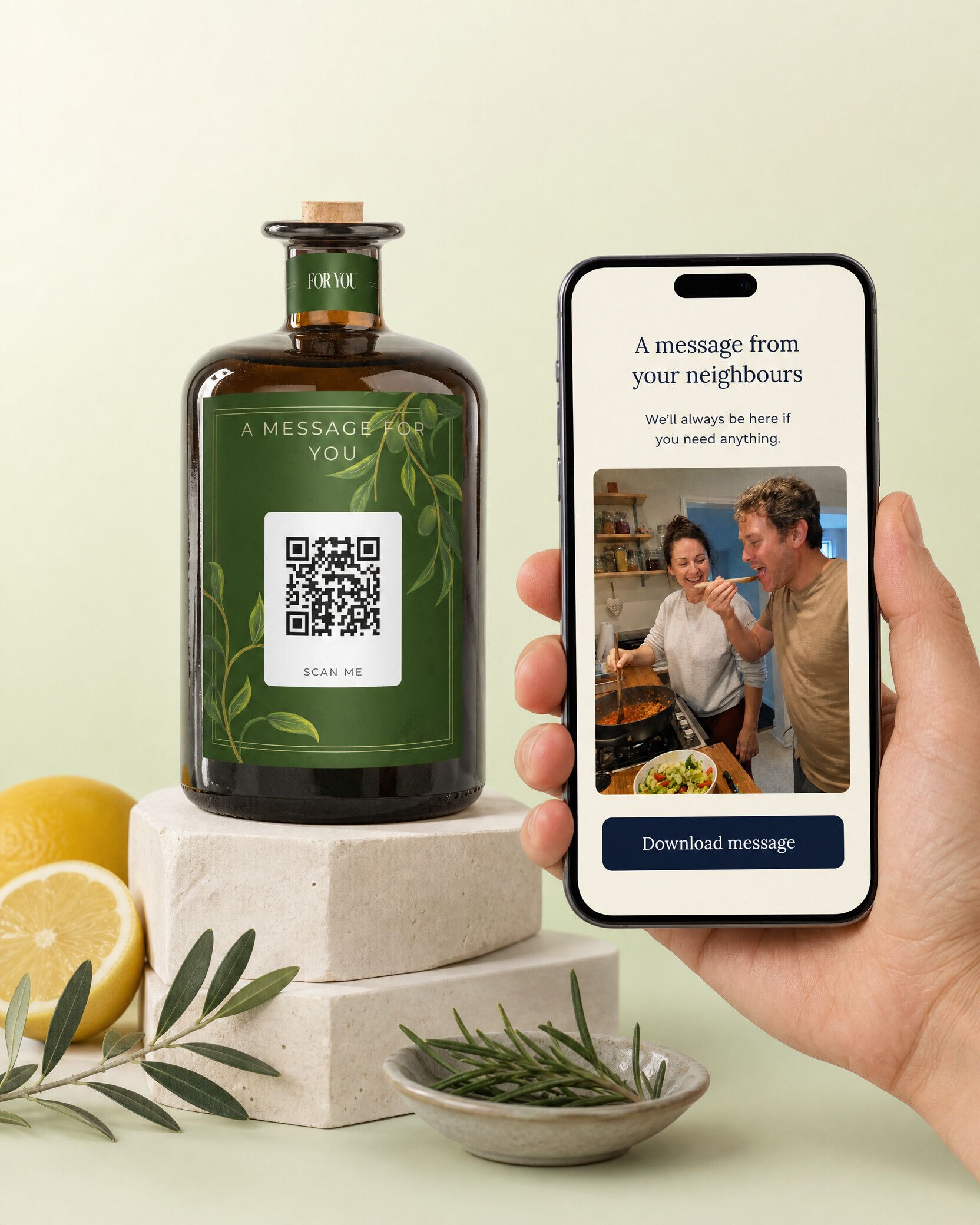 Gepersonaliseerde olijfolie met QR-code die een persoonlijke videoboodschap toont