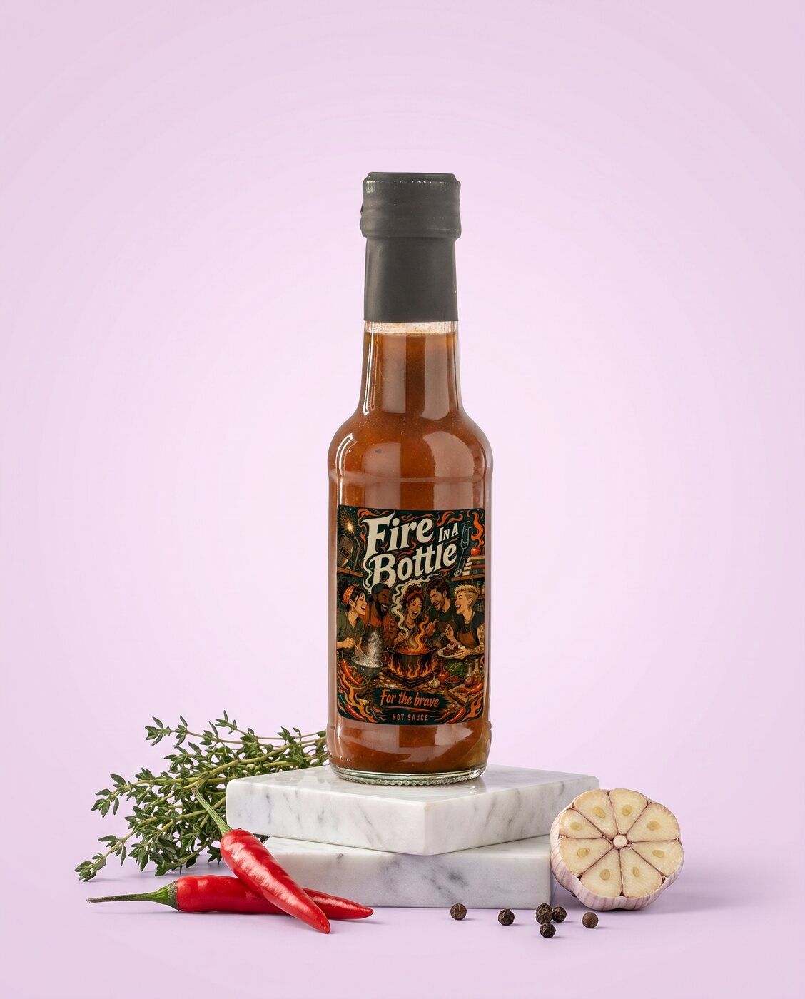 Personalised hot sauce bottle with a Fire In A Bottle label as a gift for him
