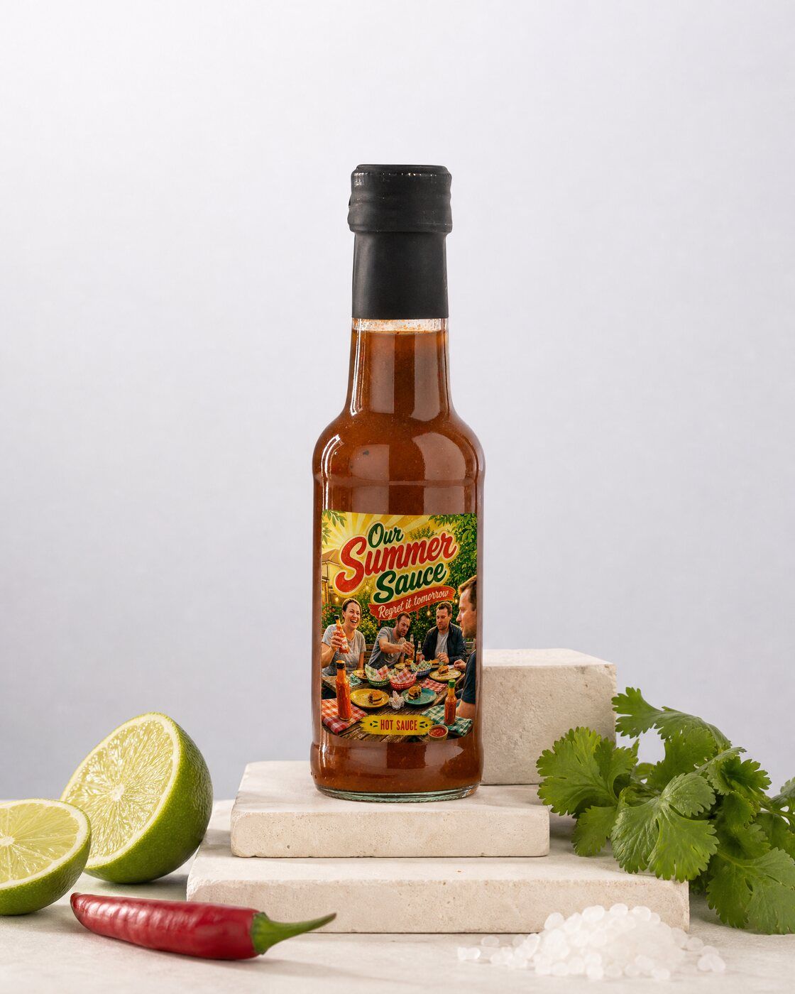 Personalised hot sauce bottle with your own photo of your friends