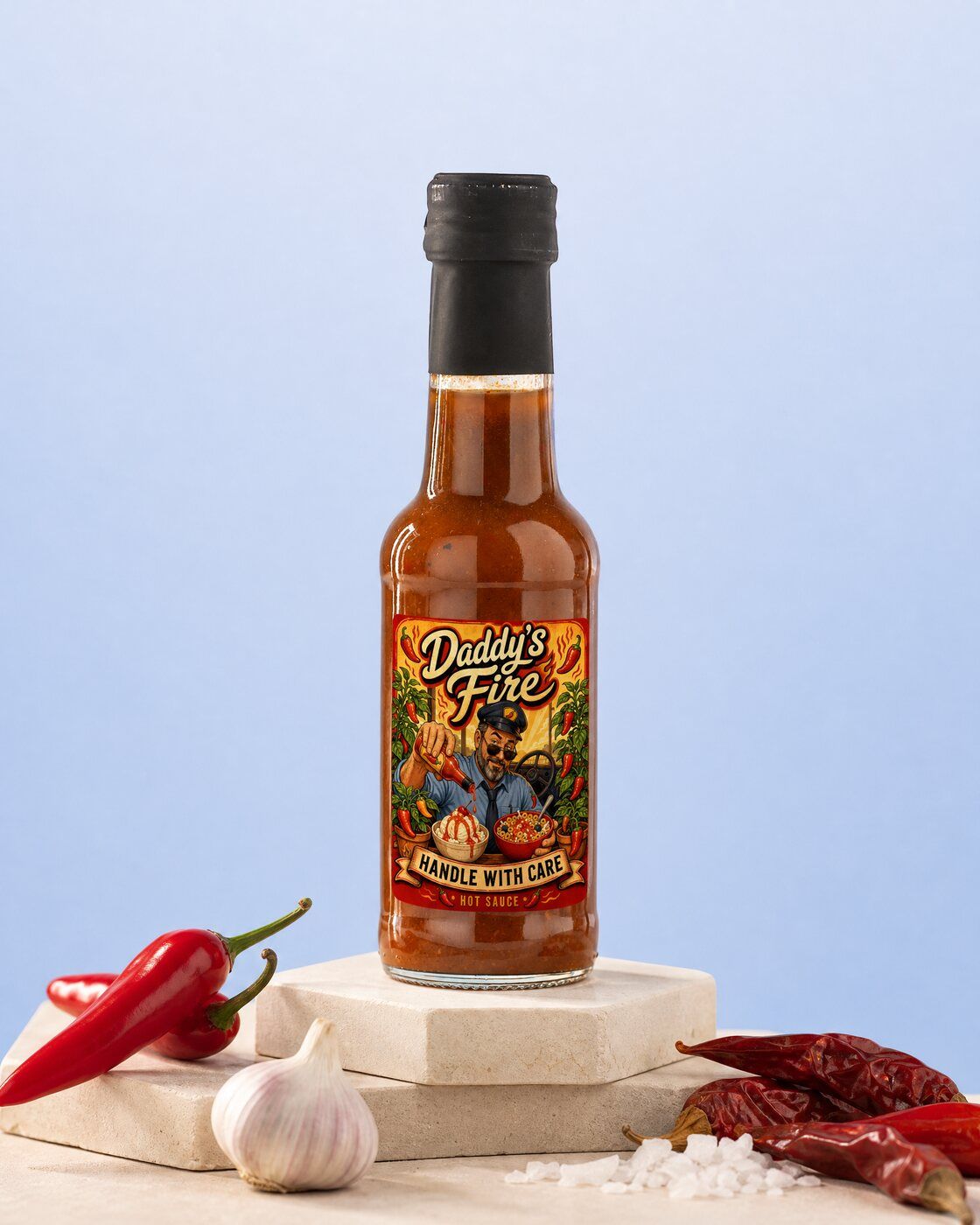 Personalised hot sauce bottle with a Daddy's Fire label as a Father's Day gift