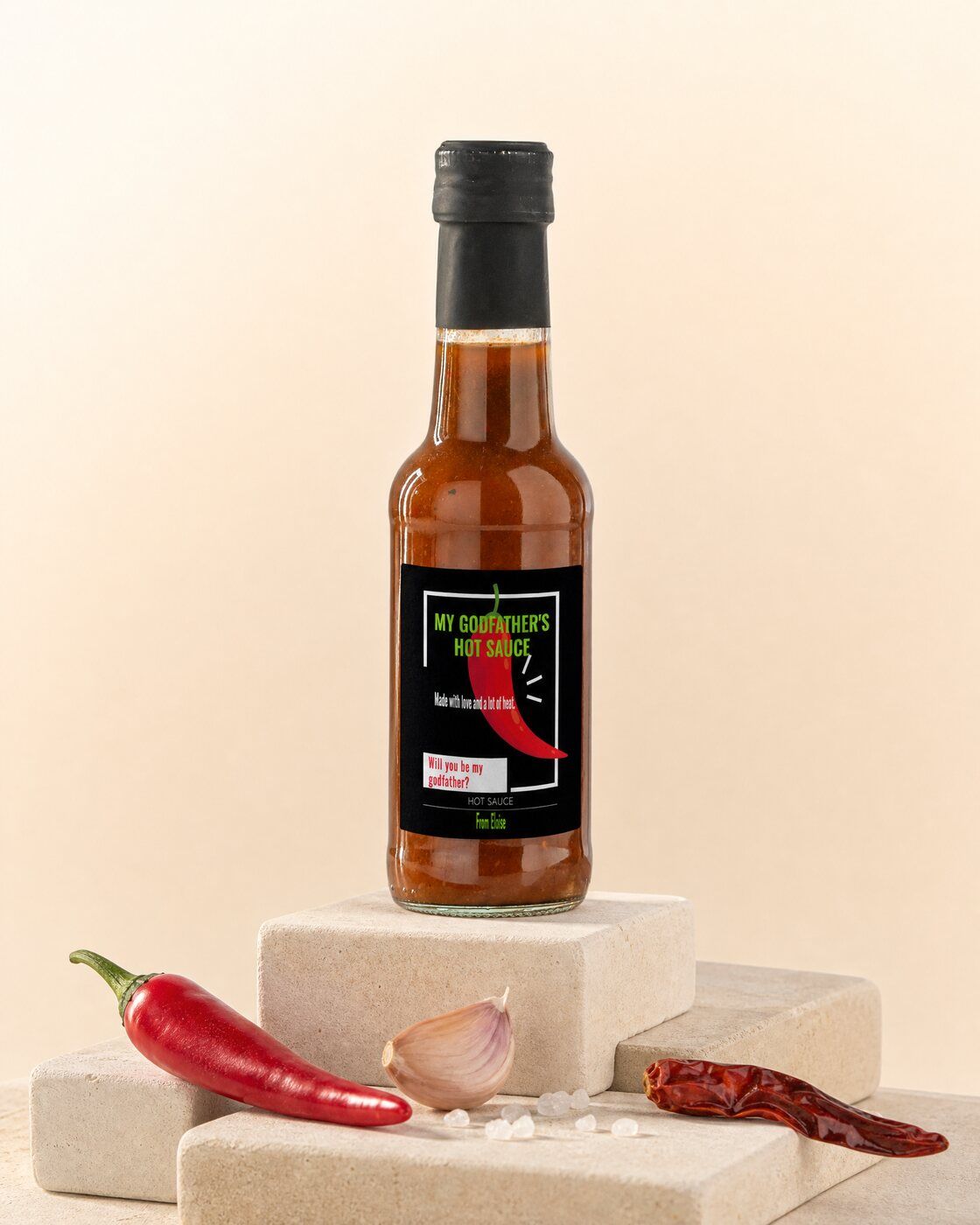 Personalised hot sauce bottle with a godfather's hot sauce label