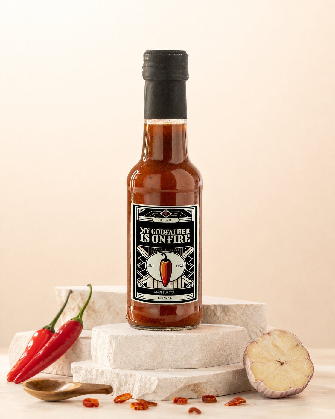 Personalised hot sauce bottle to ask someone to be a godfather