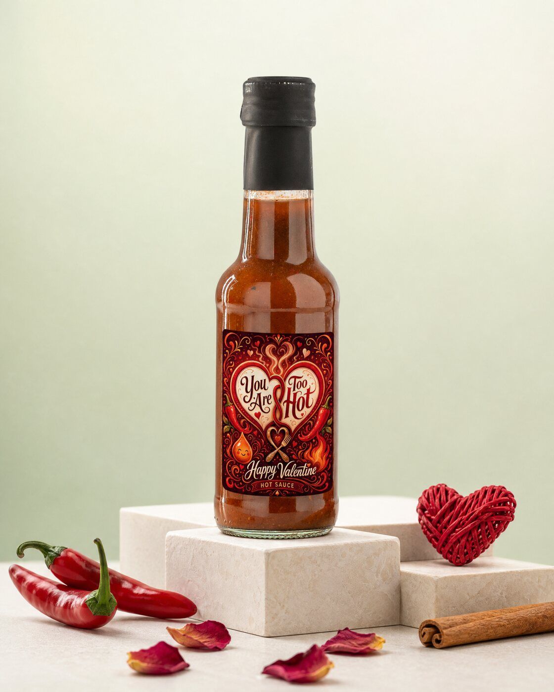 Personalised hot sauce bottle with a You Are Too Hot Valentine label