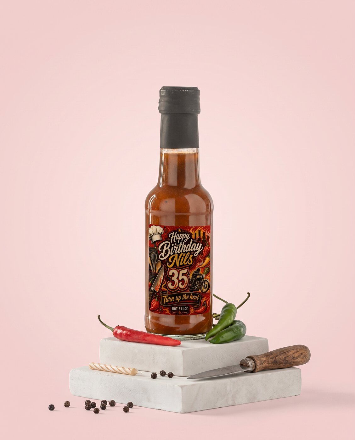 Personalised hot sauce bottle with a happy birthday label