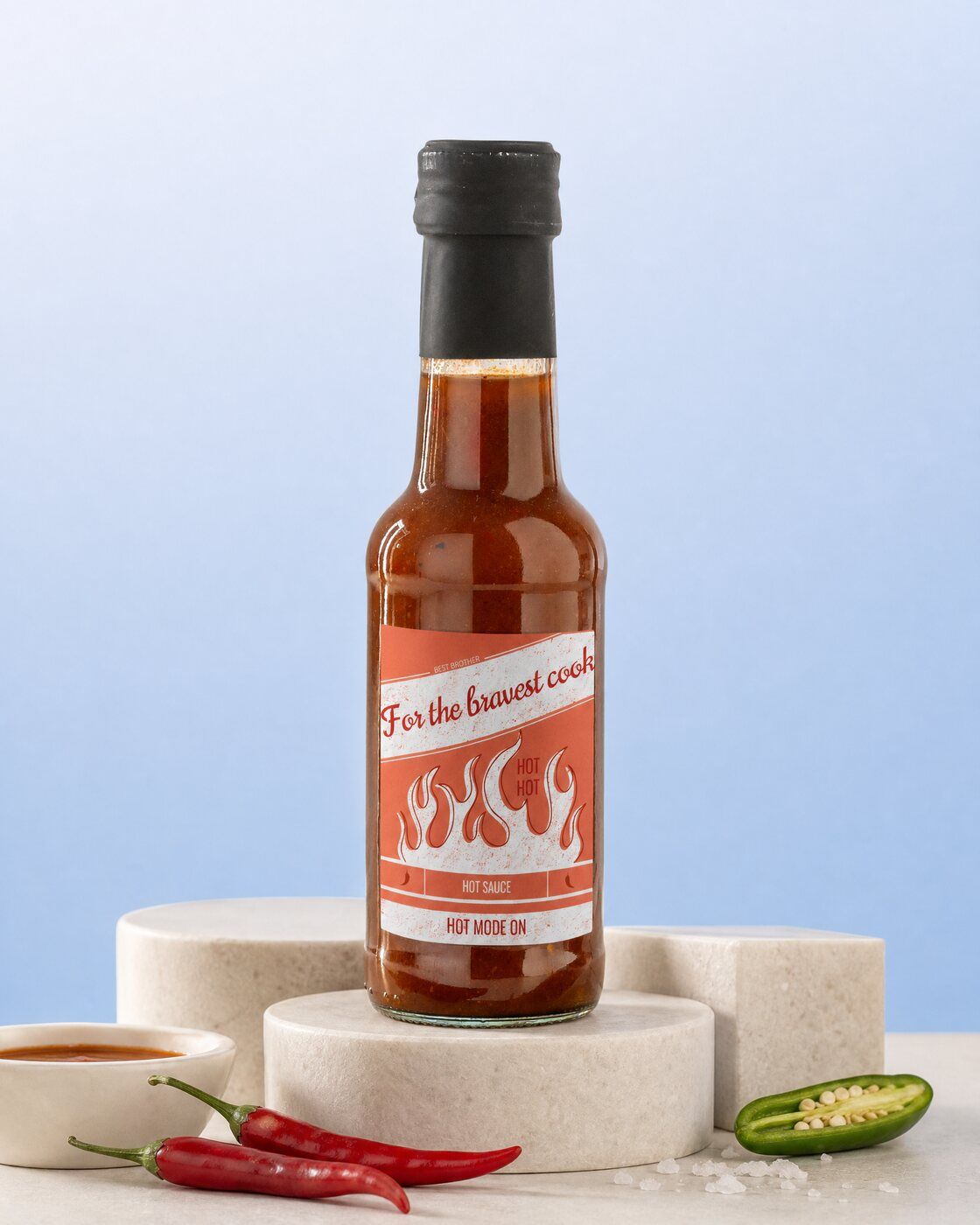 Personalised hot sauce bottle with a flames label for the bravest cook