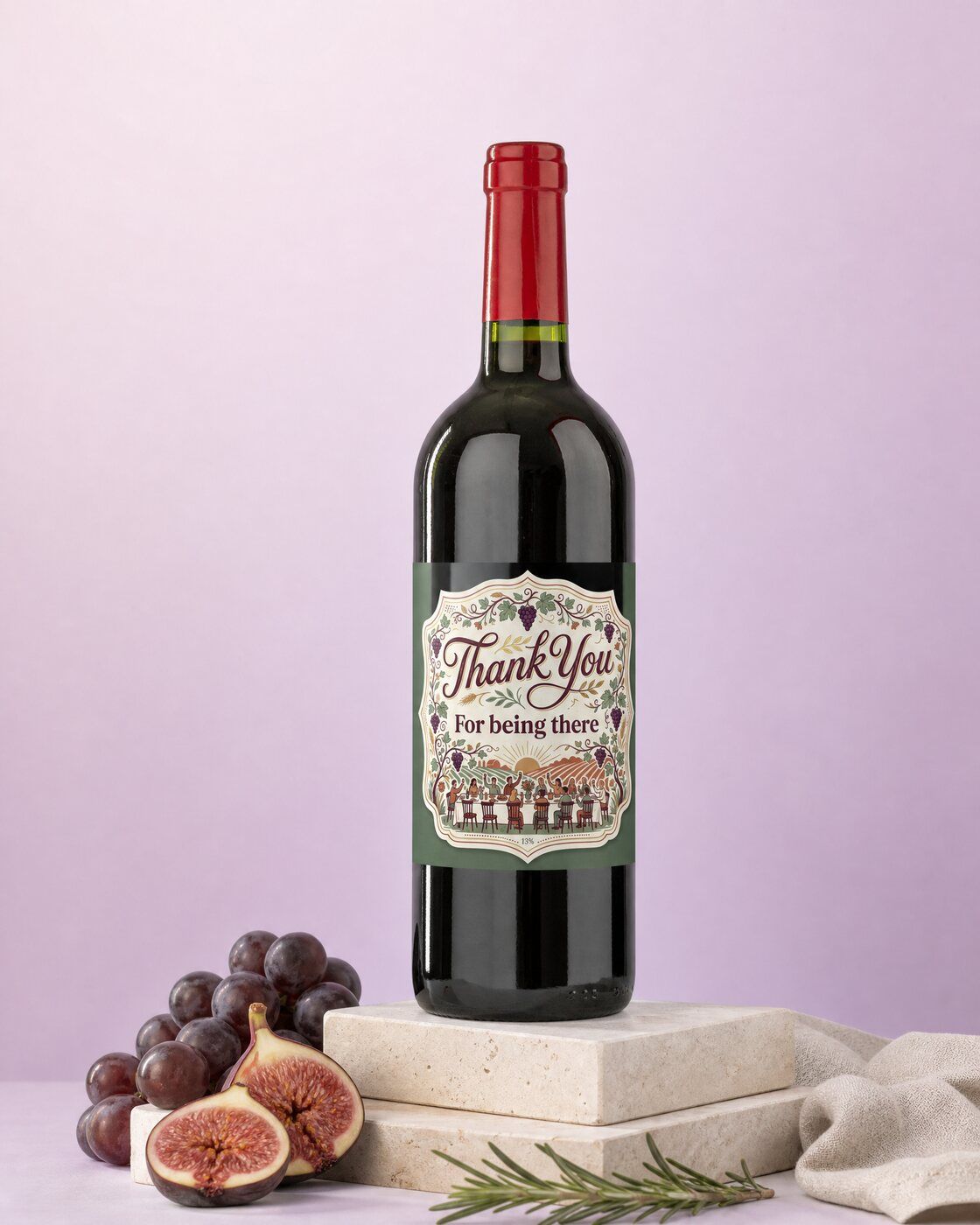 Personalised red wine with a thank you label