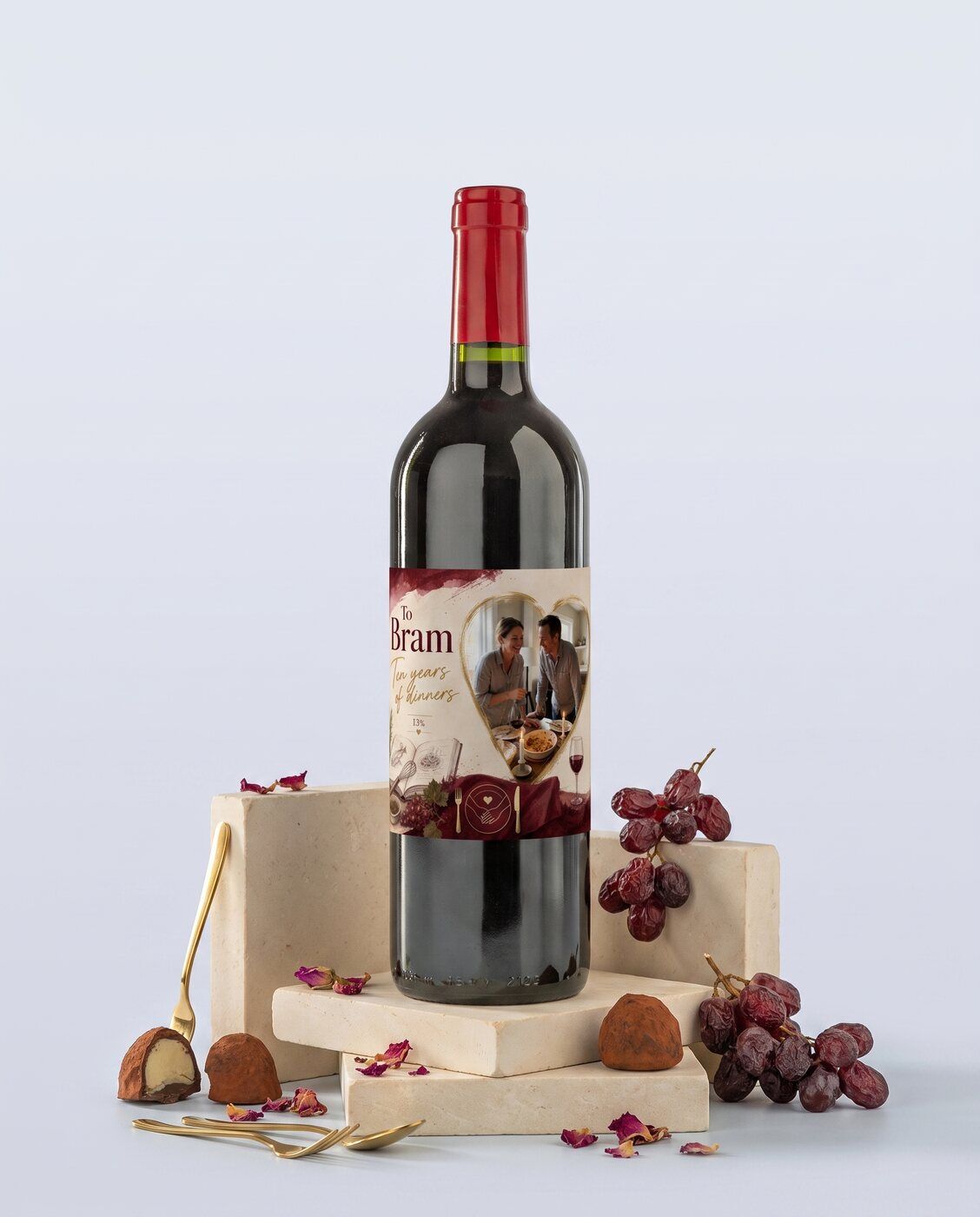 Personalised red wine bottle with your own photo of the couple on the label